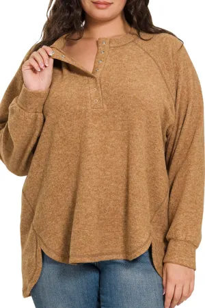 Plus Size November Nights Deep Camel Brushed Hacci Henley Sweater
