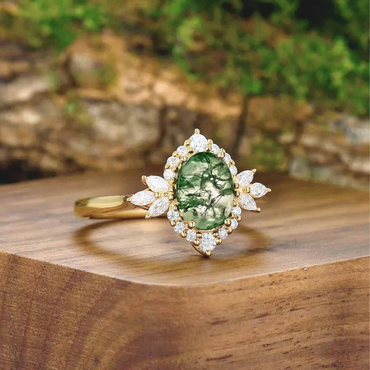 Prong Setting Moss Agate Floral Couples Ring Matching Gold Leaf Black Tungsten Wedding Ring