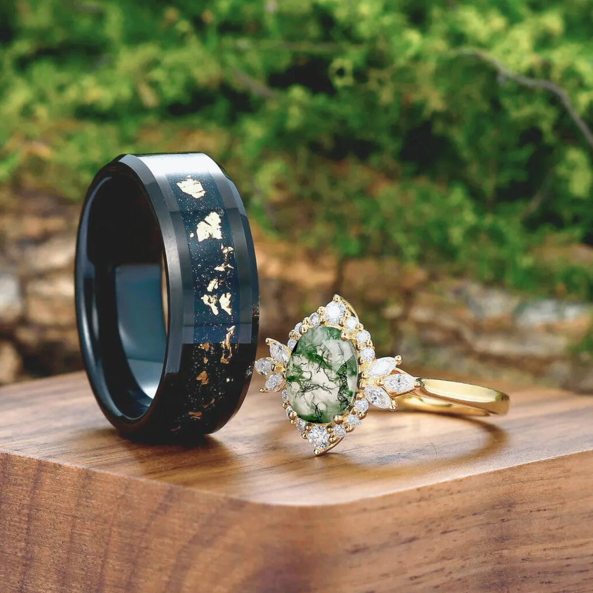 Prong Setting Moss Agate Floral Couples Ring Matching Gold Leaf Black Tungsten Wedding Ring