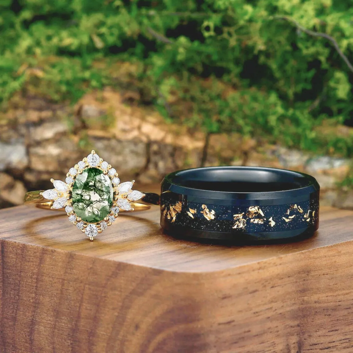 Prong Setting Moss Agate Floral Couples Ring Matching Gold Leaf Black Tungsten Wedding Ring