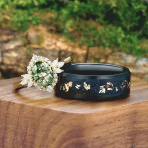 Prong Setting Moss Agate Floral Couples Ring Matching Gold Leaf Black Tungsten Wedding Ring