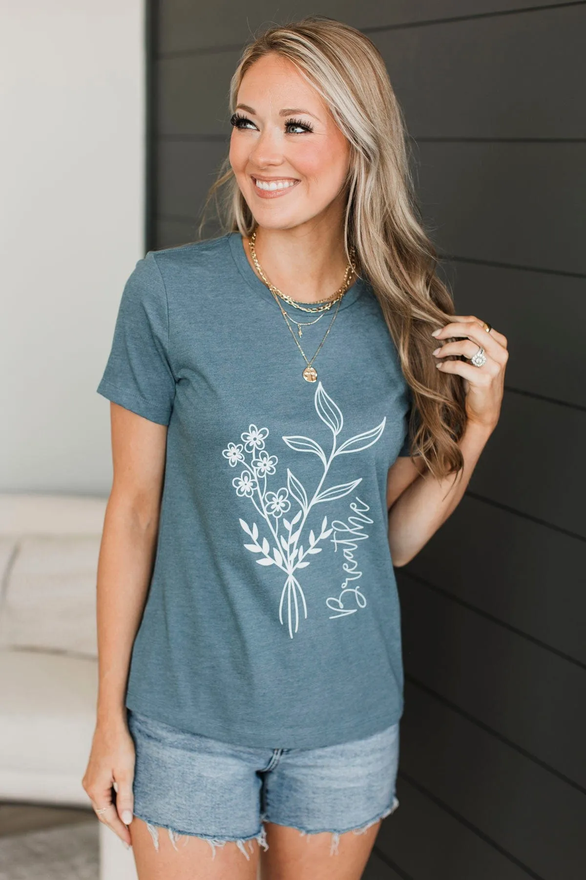 "Breathe" Floral Graphic Tee- Slate Blue