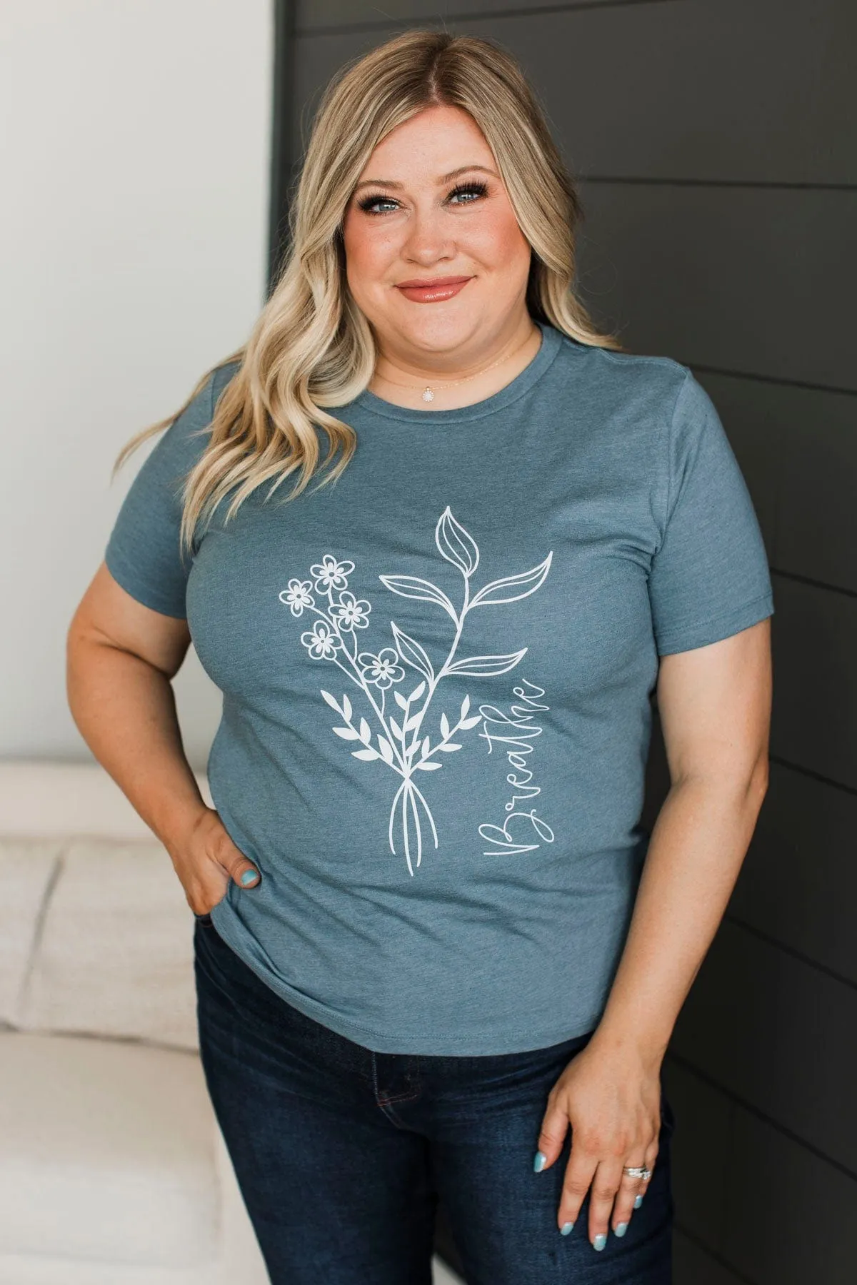 "Breathe" Floral Graphic Tee- Slate Blue