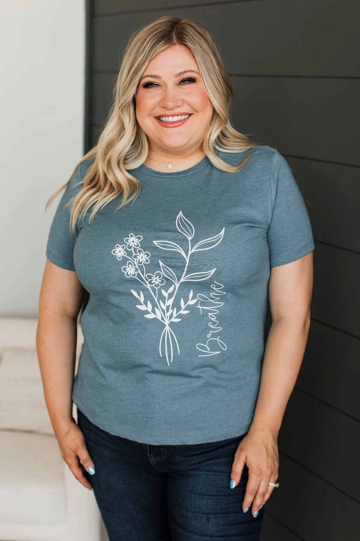 "Breathe" Floral Graphic Tee- Slate Blue