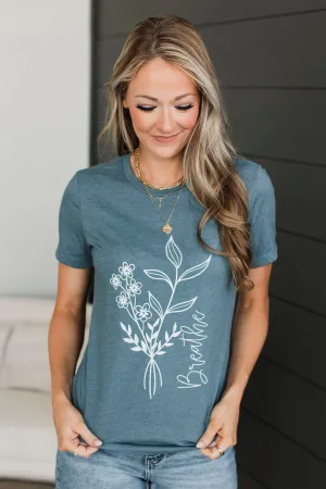 "Breathe" Floral Graphic Tee- Slate Blue