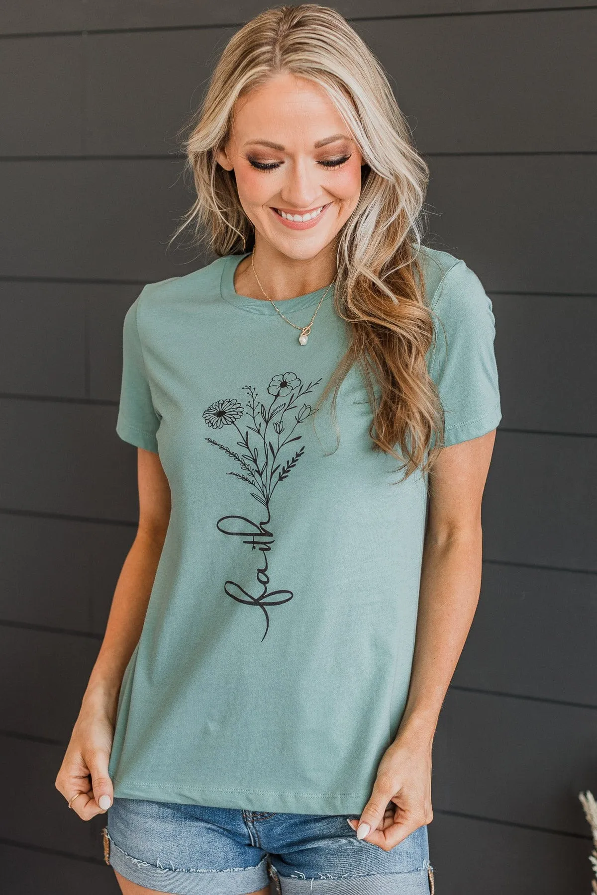 "Faith" Floral Graphic Tee- Dusty Blue
