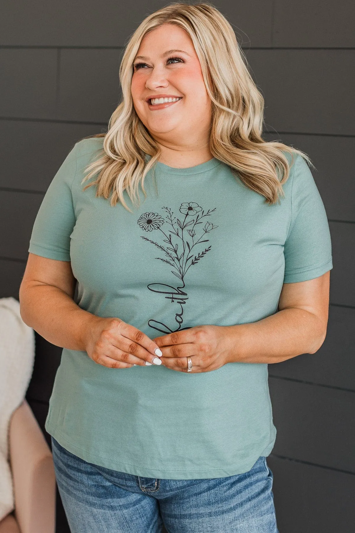 "Faith" Floral Graphic Tee- Dusty Blue