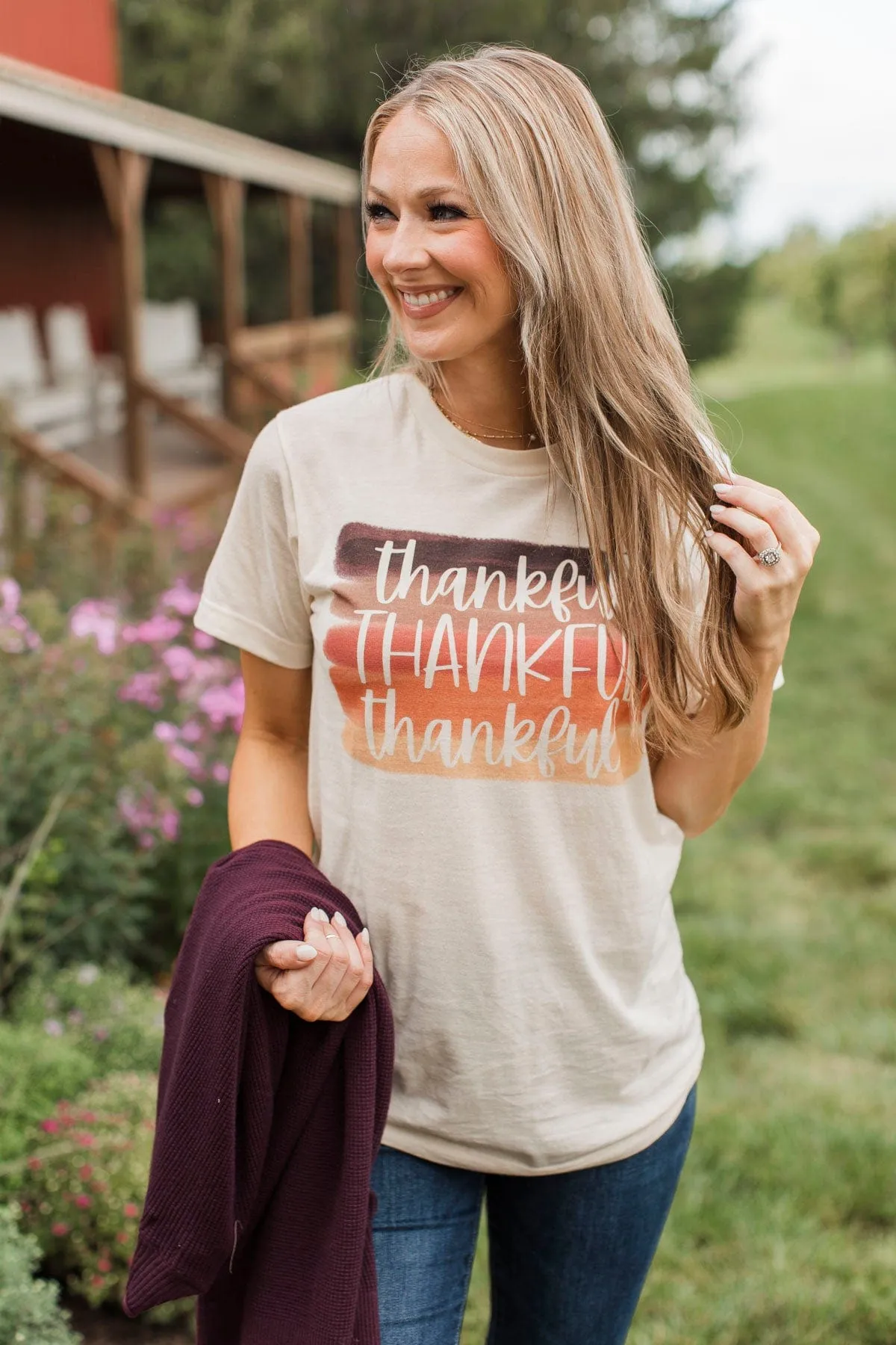 "Thankful" Watercolor Graphic Tee- Cream