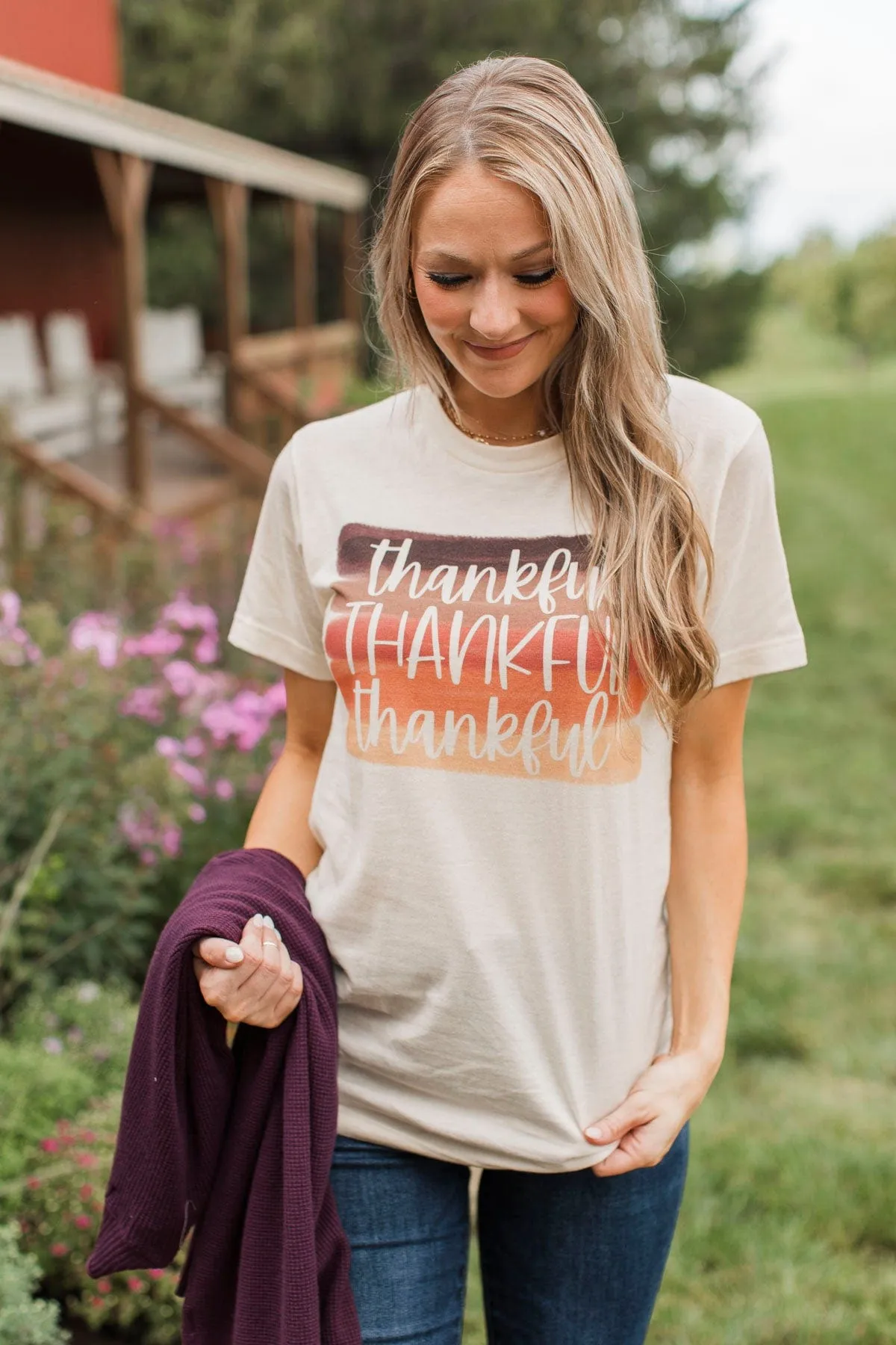 "Thankful" Watercolor Graphic Tee- Cream