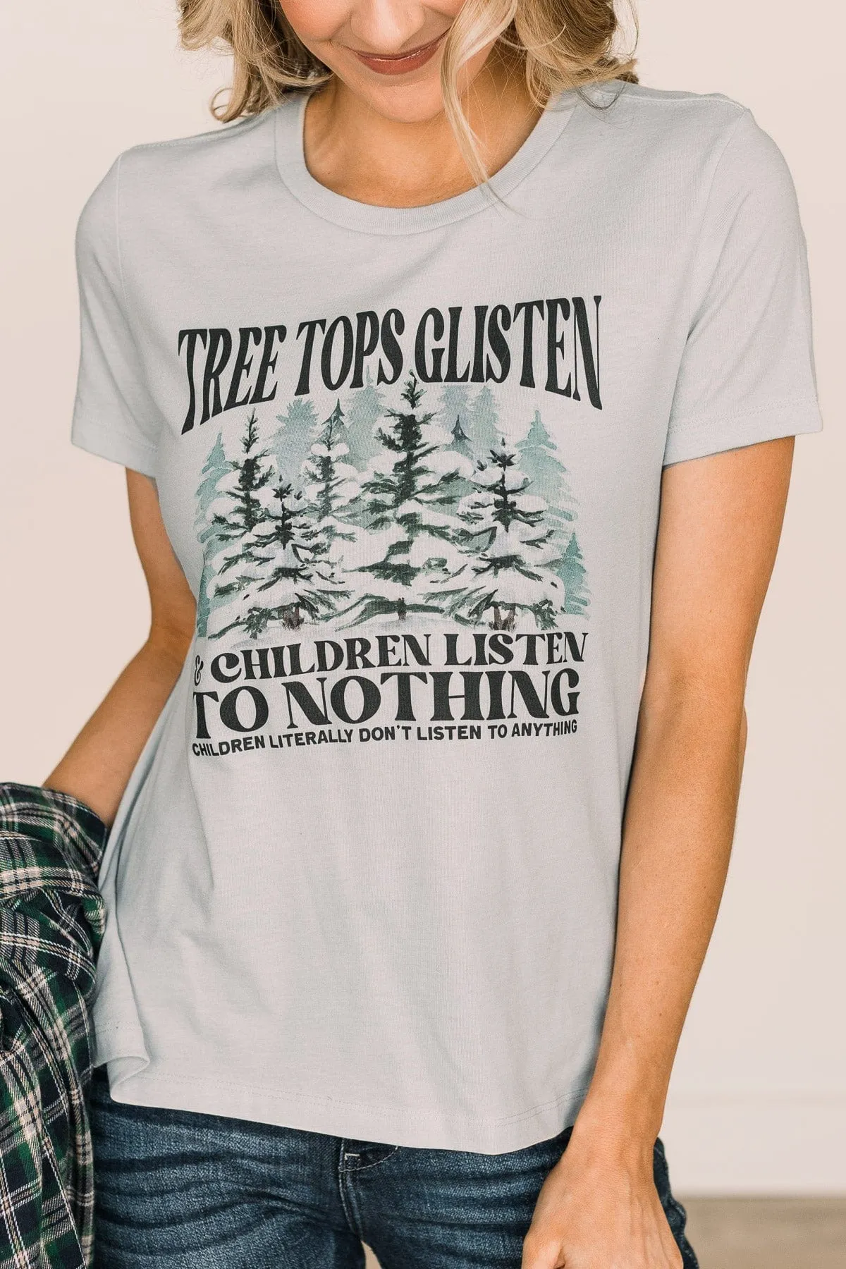 "Tree Tops Glisten" Graphic Tee- Pale Blue