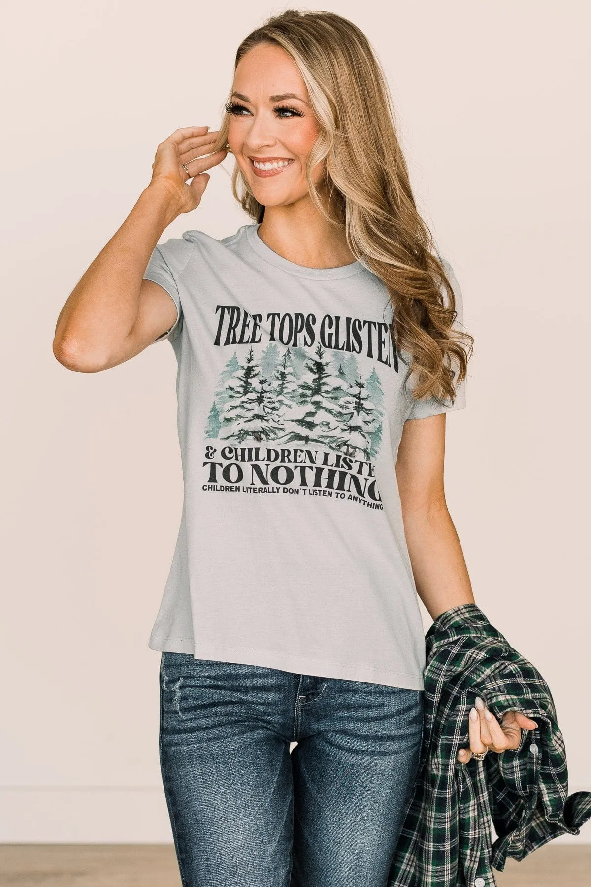 "Tree Tops Glisten" Graphic Tee- Pale Blue