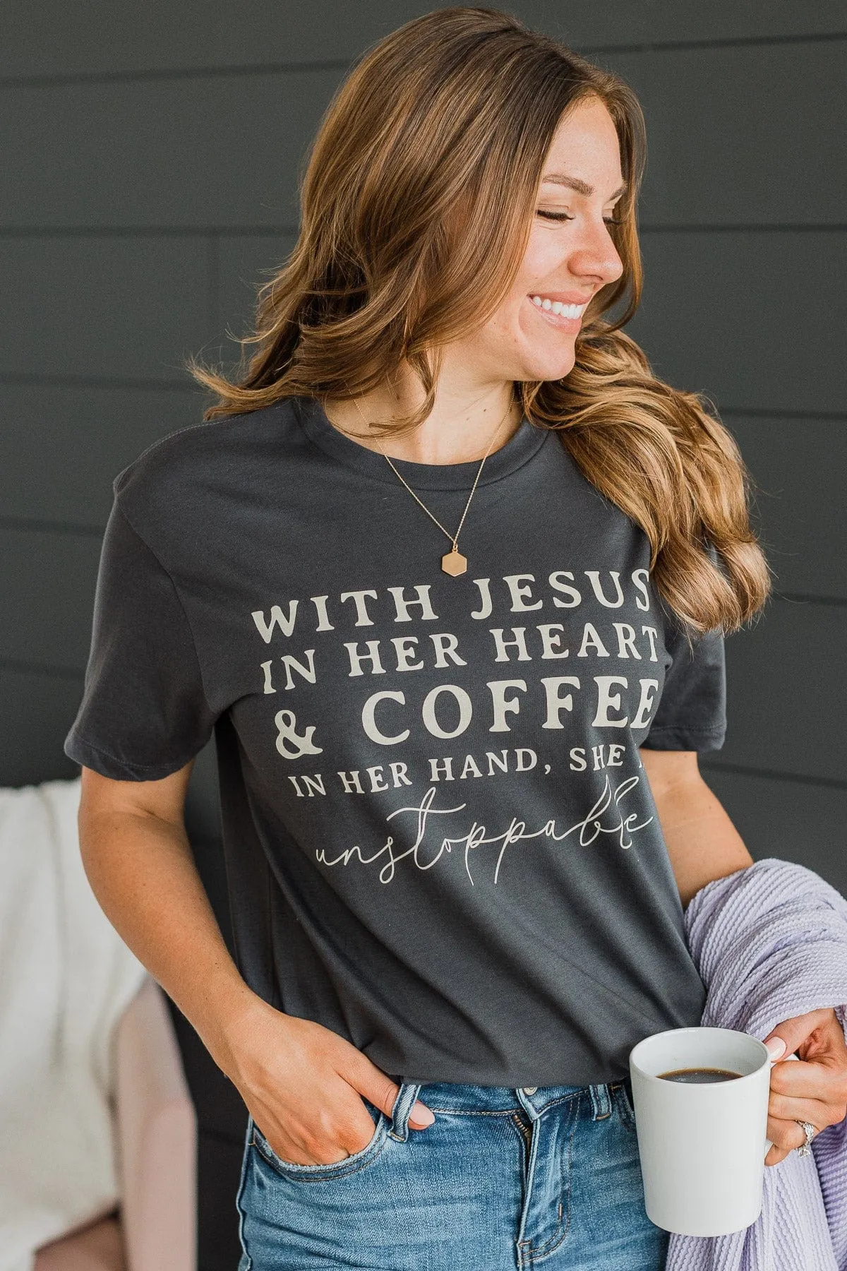 "With Jesus In Her Heart" Graphic Tee- Charcoal
