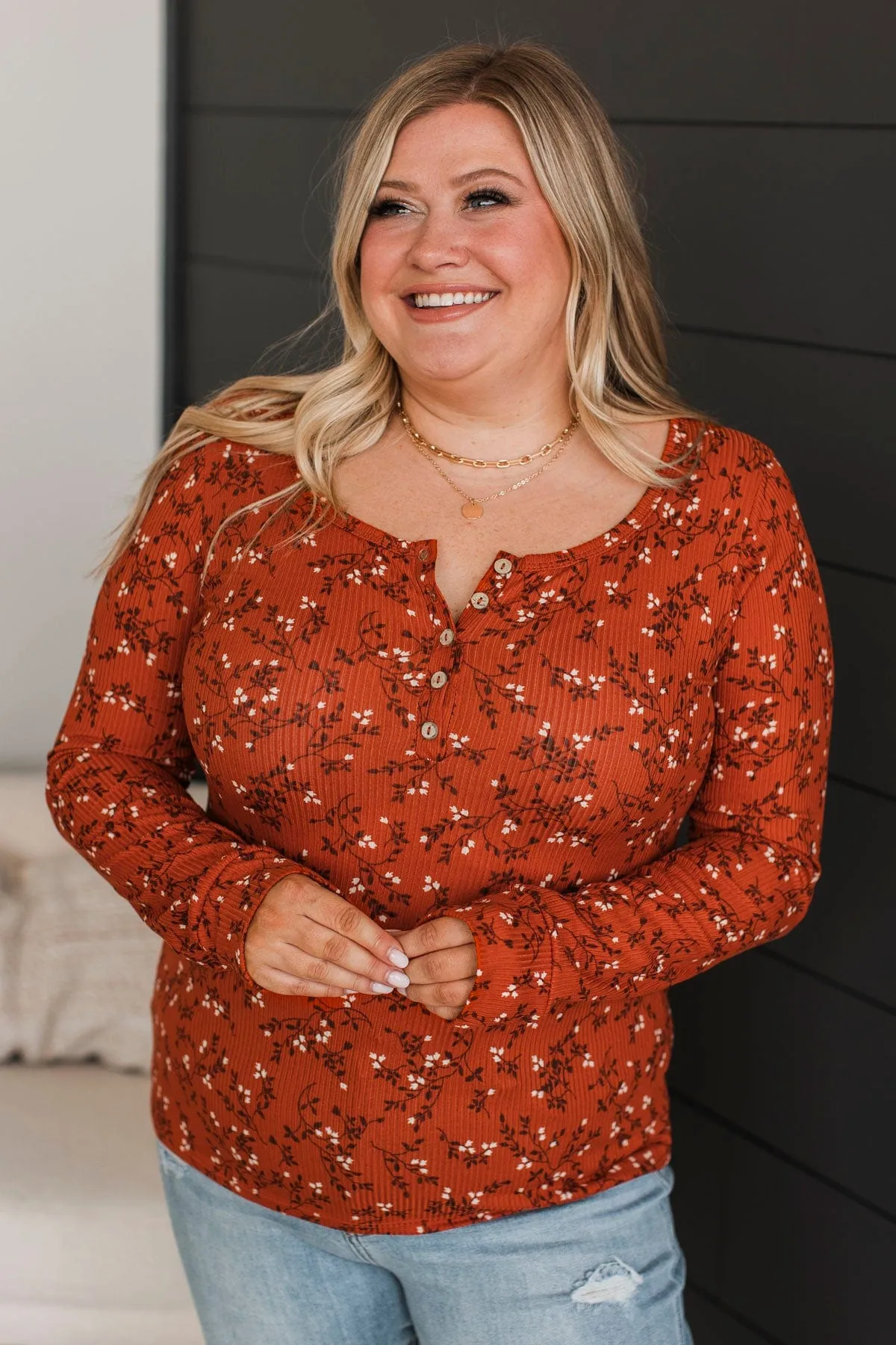 Real Love Lasts Floral Henley Top- Rust