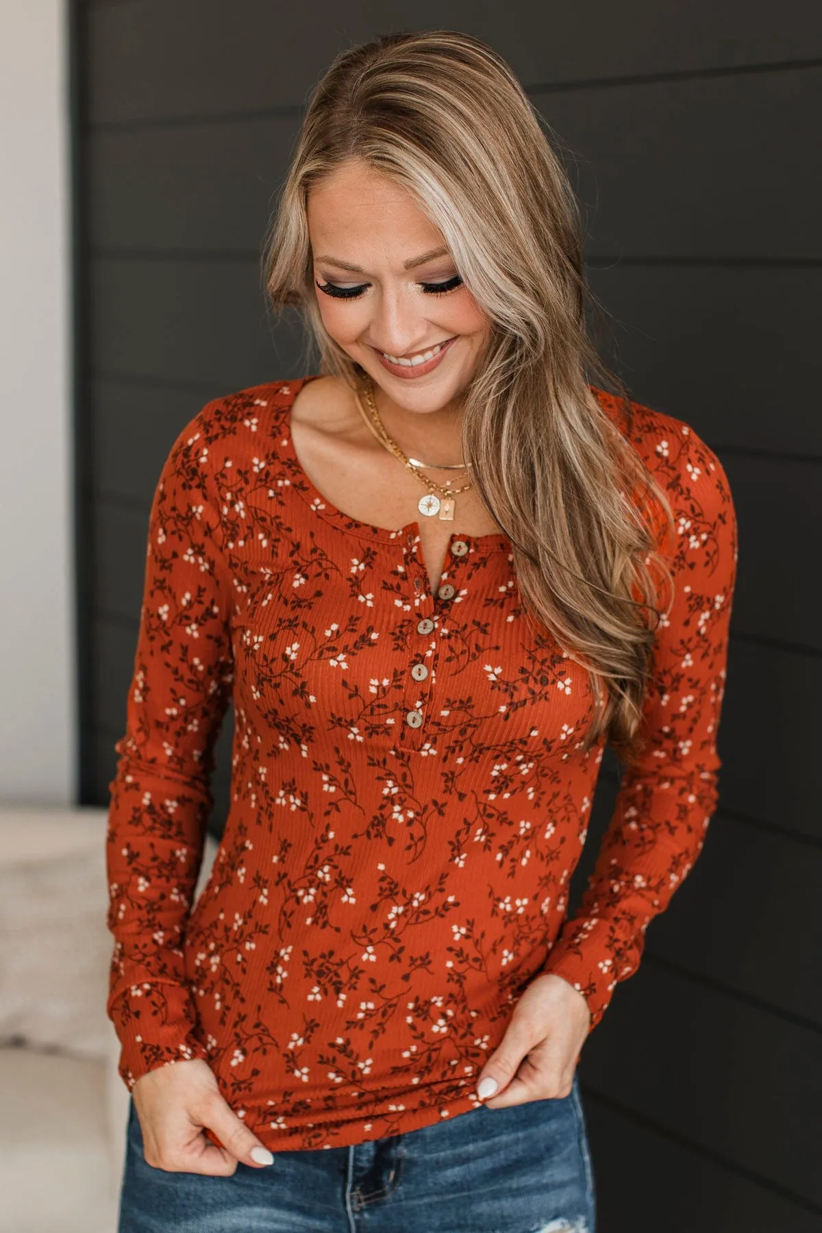 Real Love Lasts Floral Henley Top- Rust