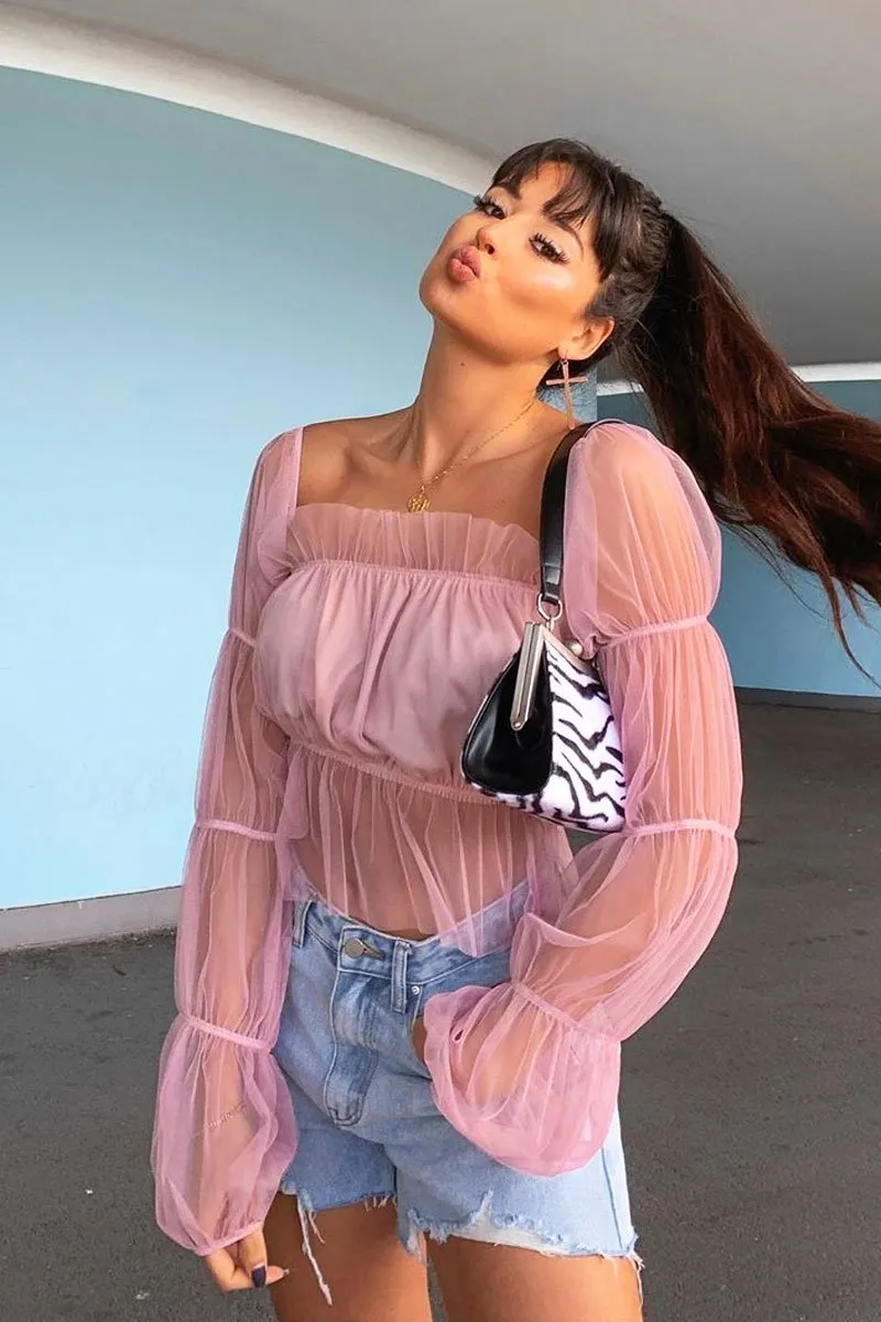 Rose Tulle Mesh Bardot Crop Top - Gemini