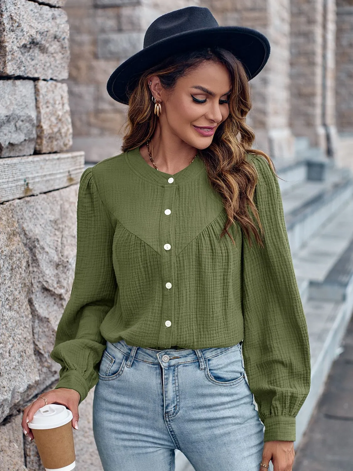 Round Neck Puff Sleeve Shirt (3 Colors)