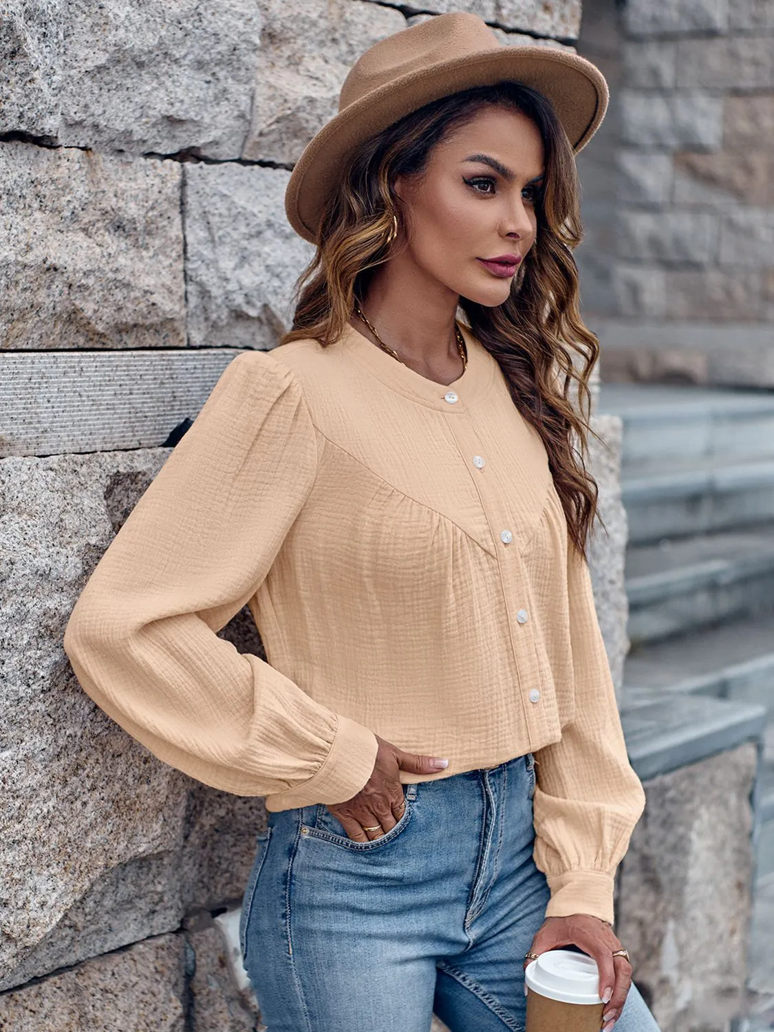 Round Neck Puff Sleeve Shirt (3 Colors)