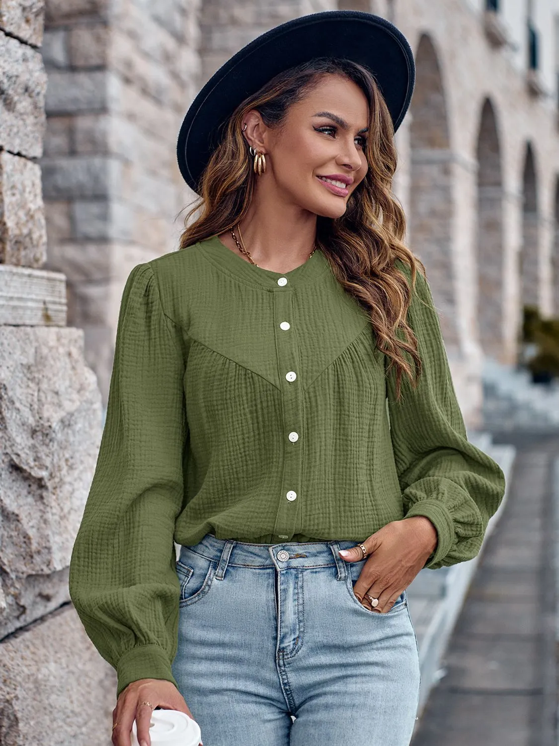 Round Neck Puff Sleeve Shirt (3 Colors)