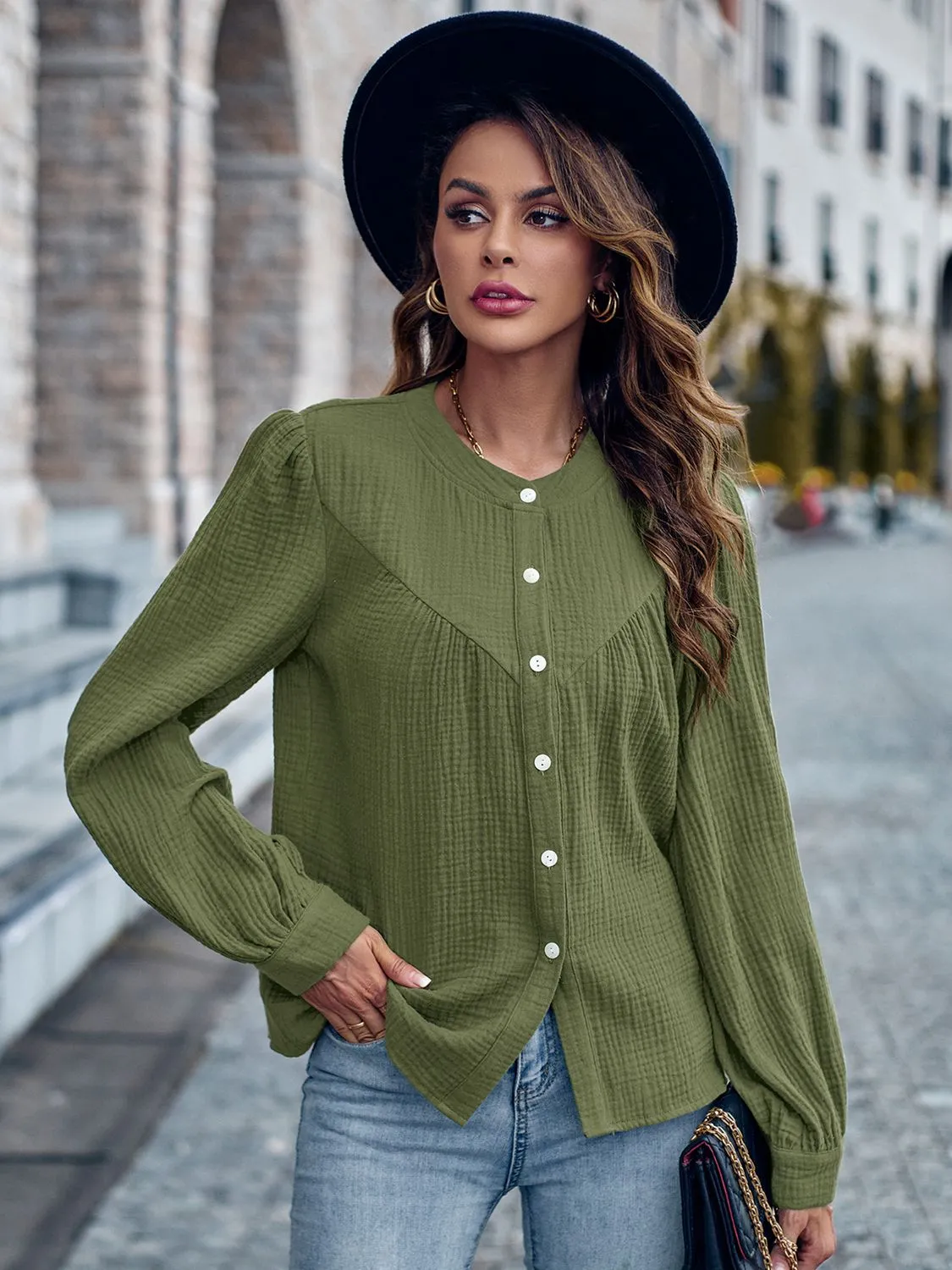 Round Neck Puff Sleeve Shirt (3 Colors)