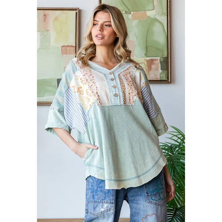 Sage Washed Printed Half Placket Henley Neck Oli Hali Shirt