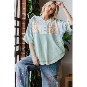 Sage Washed Printed Half Placket Henley Neck Oli Hali Shirt