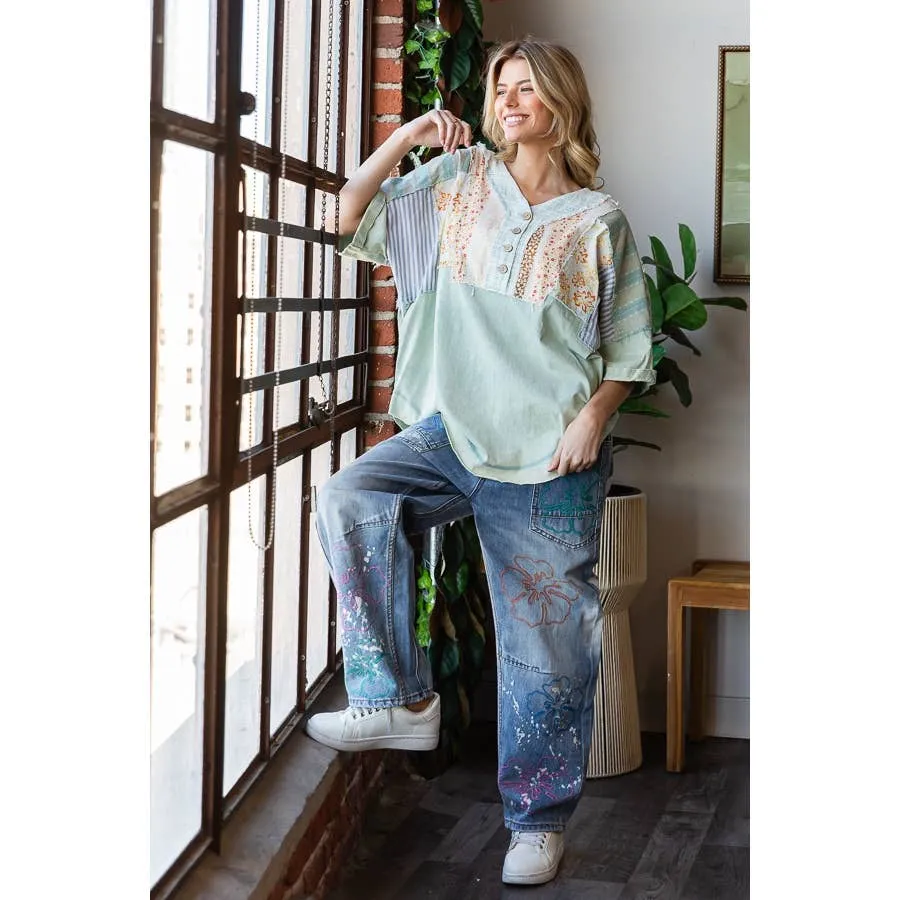 Sage Washed Printed Half Placket Henley Neck Oli Hali Shirt