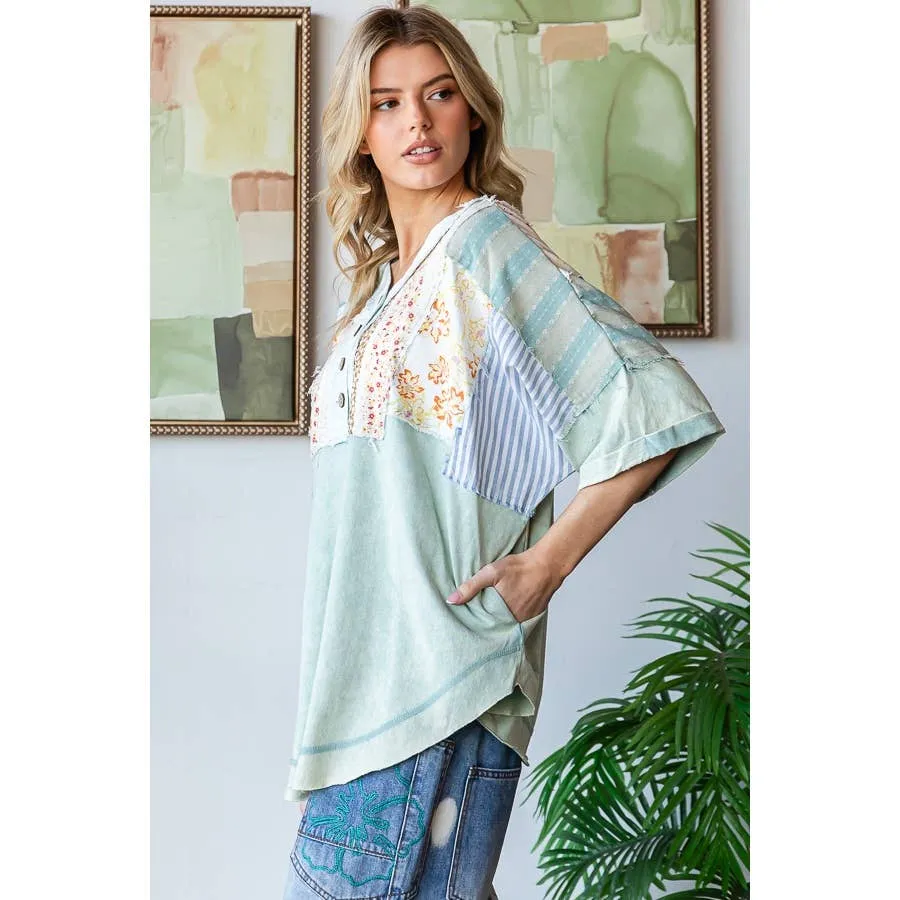 Sage Washed Printed Half Placket Henley Neck Oli Hali Shirt