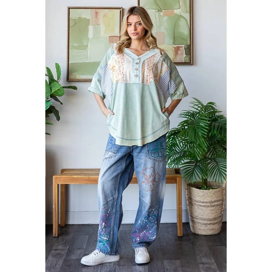 Sage Washed Printed Half Placket Henley Neck Oli Hali Shirt