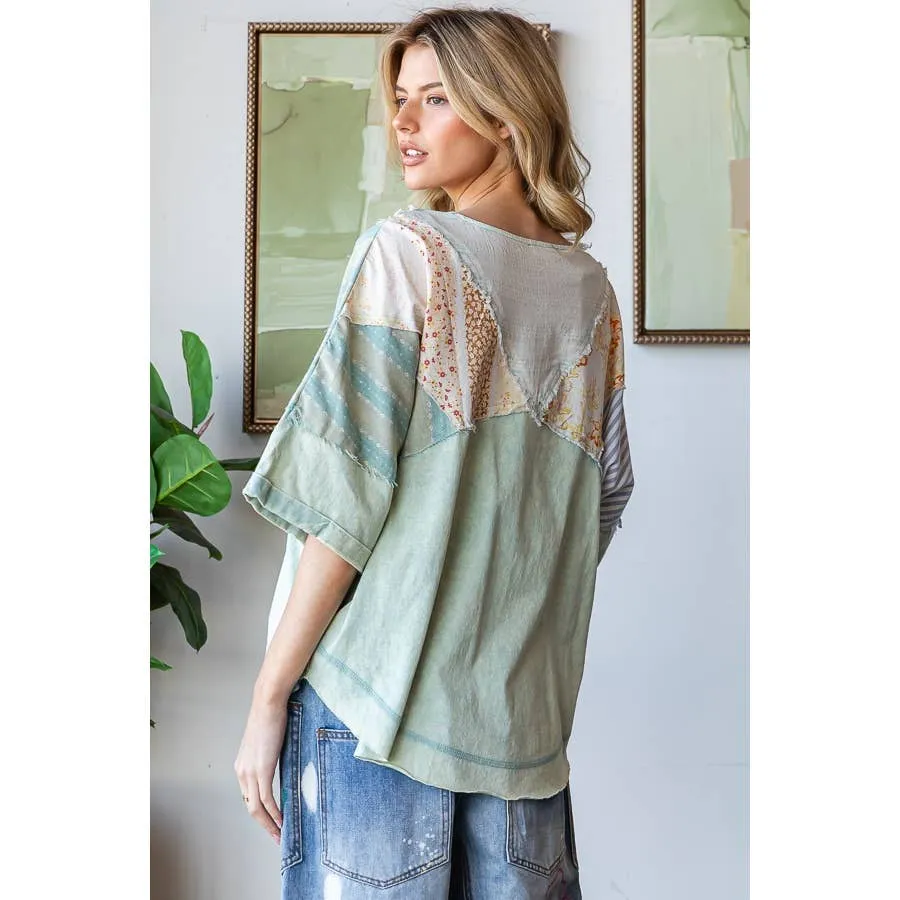 Sage Washed Printed Half Placket Henley Neck Oli Hali Shirt