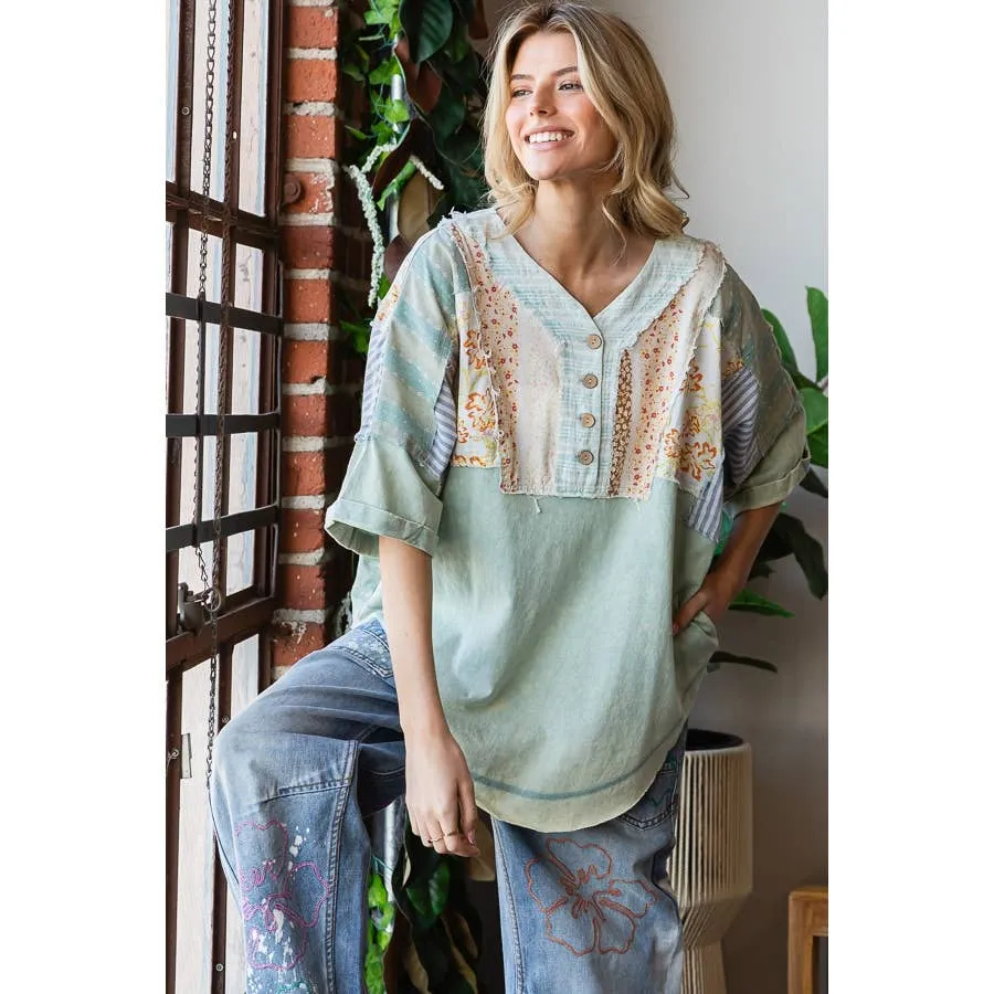 Sage Washed Printed Half Placket Henley Neck Oli Hali Shirt