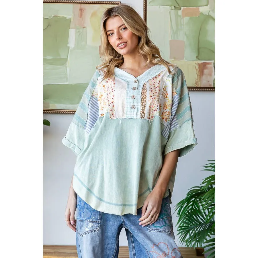 Sage Washed Printed Half Placket Henley Neck Oli Hali Shirt