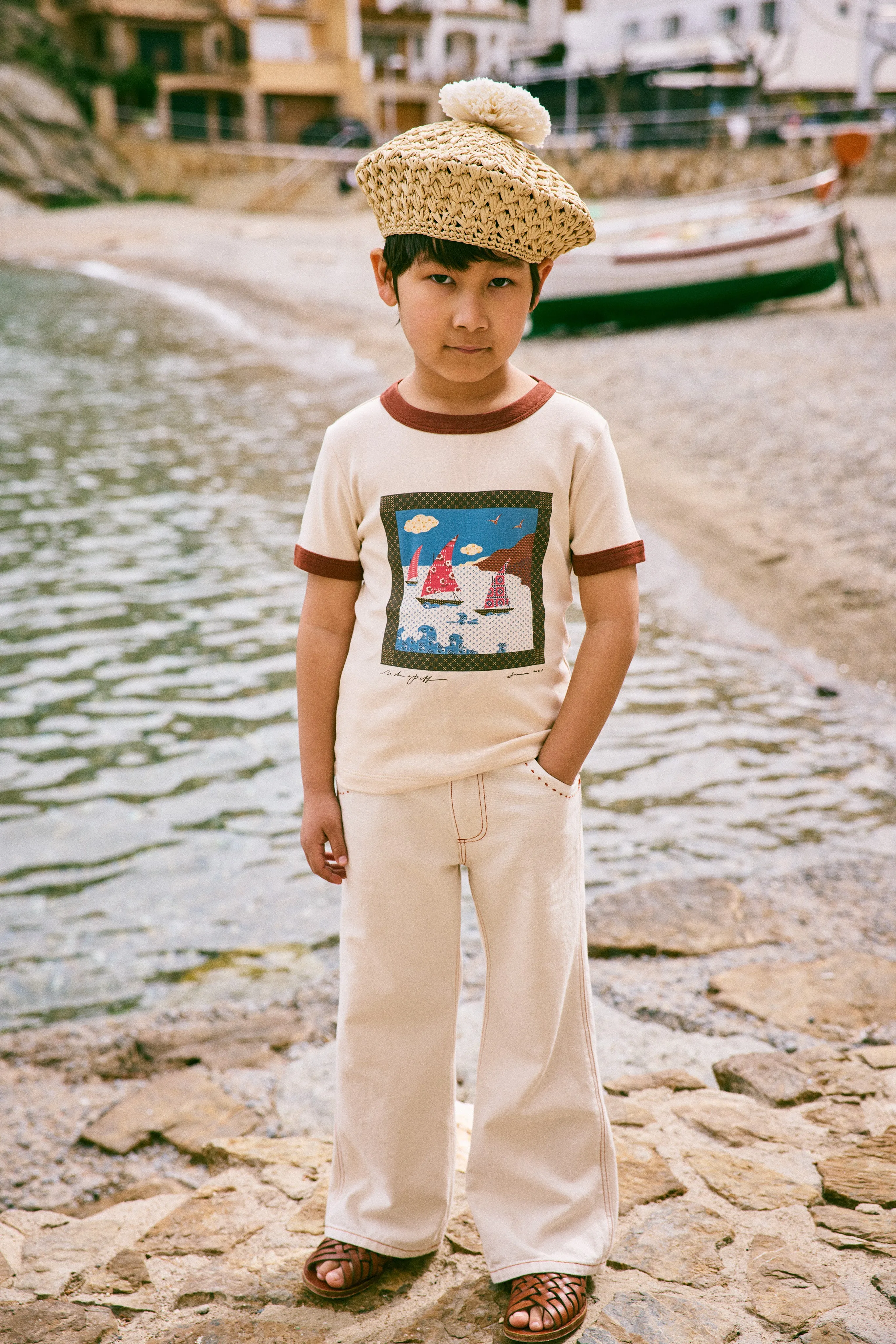 Sailboat Collage Ringer Tee, Bisque