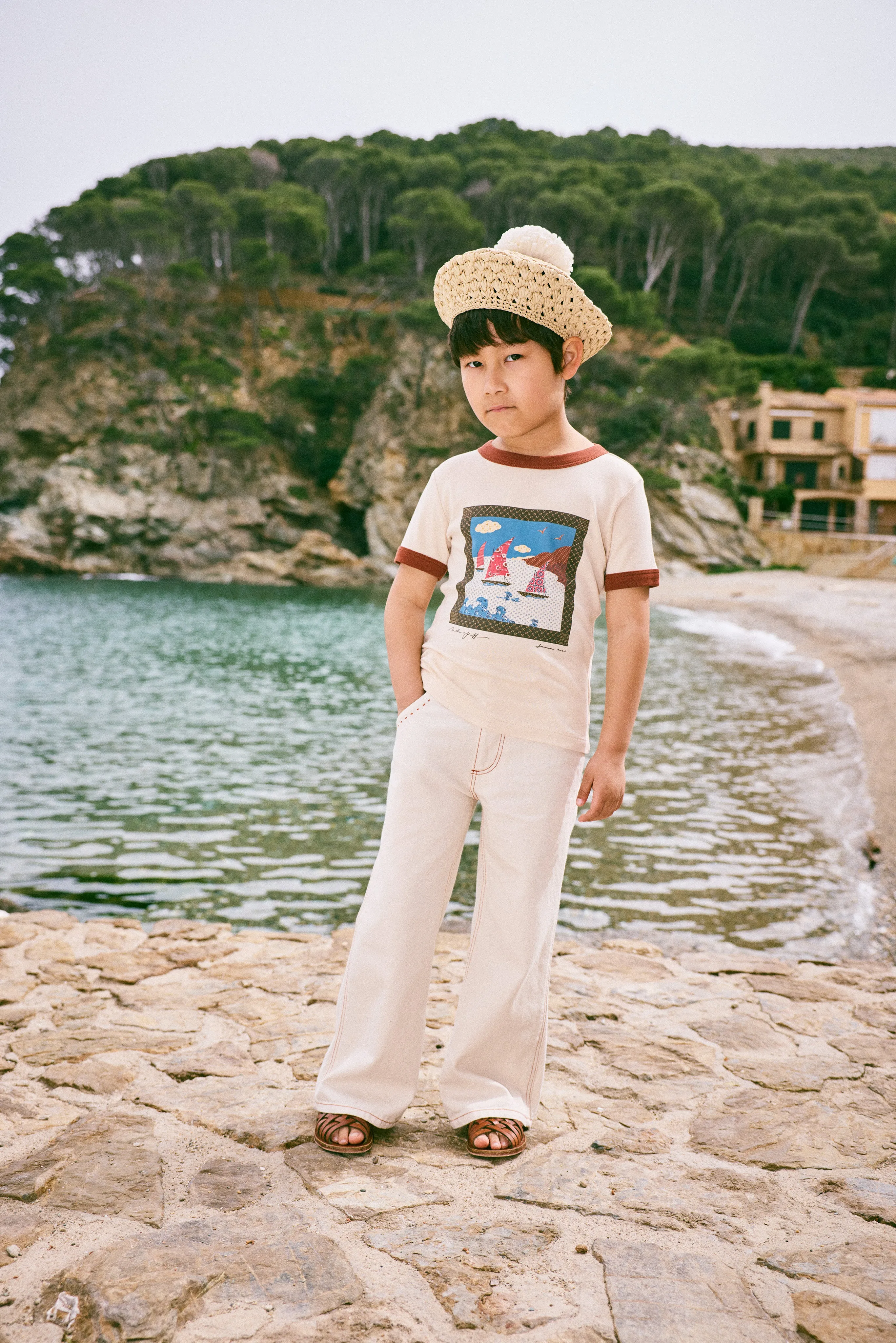Sailboat Collage Ringer Tee, Bisque