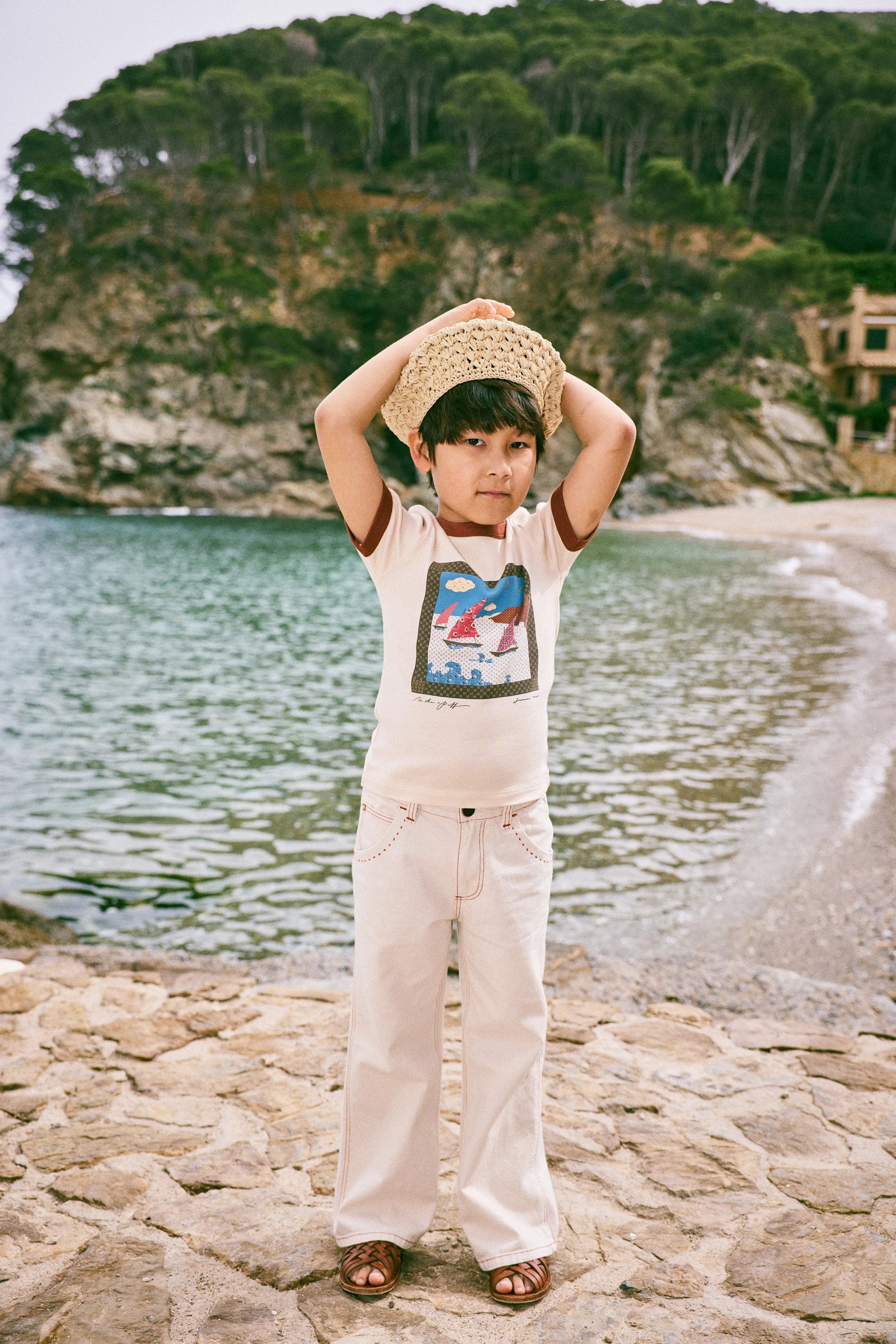 Sailboat Collage Ringer Tee, Bisque