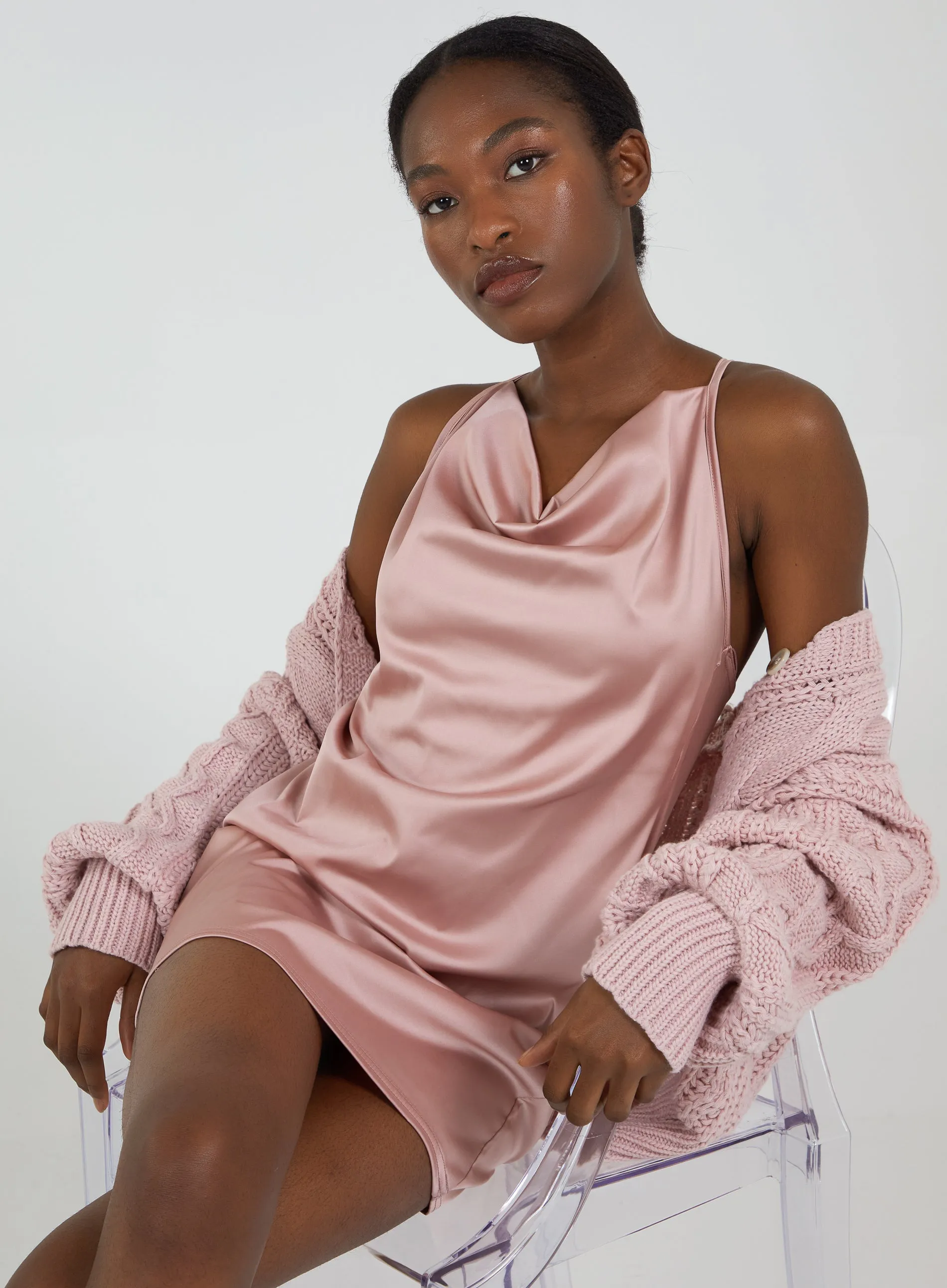Satin Cowl Neck Mini Dress