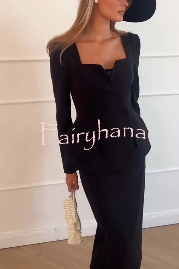 Sculptural Elegance Square Neck Button Blazer and Elastic Waist Pencil Midi Skirt Set