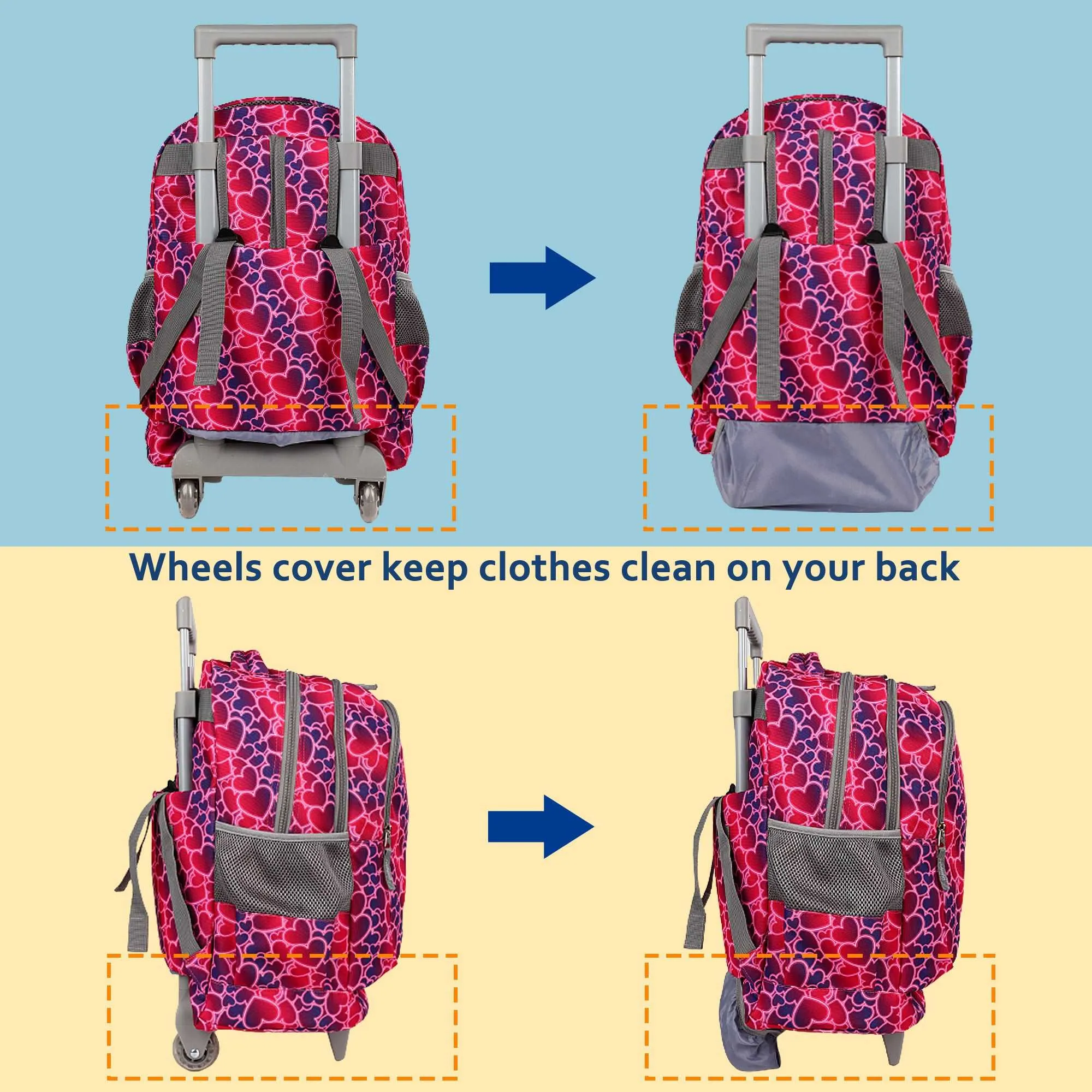 seastig Red Hearts Rolling Backpack 18 inch Kids Backpack with Wheels
