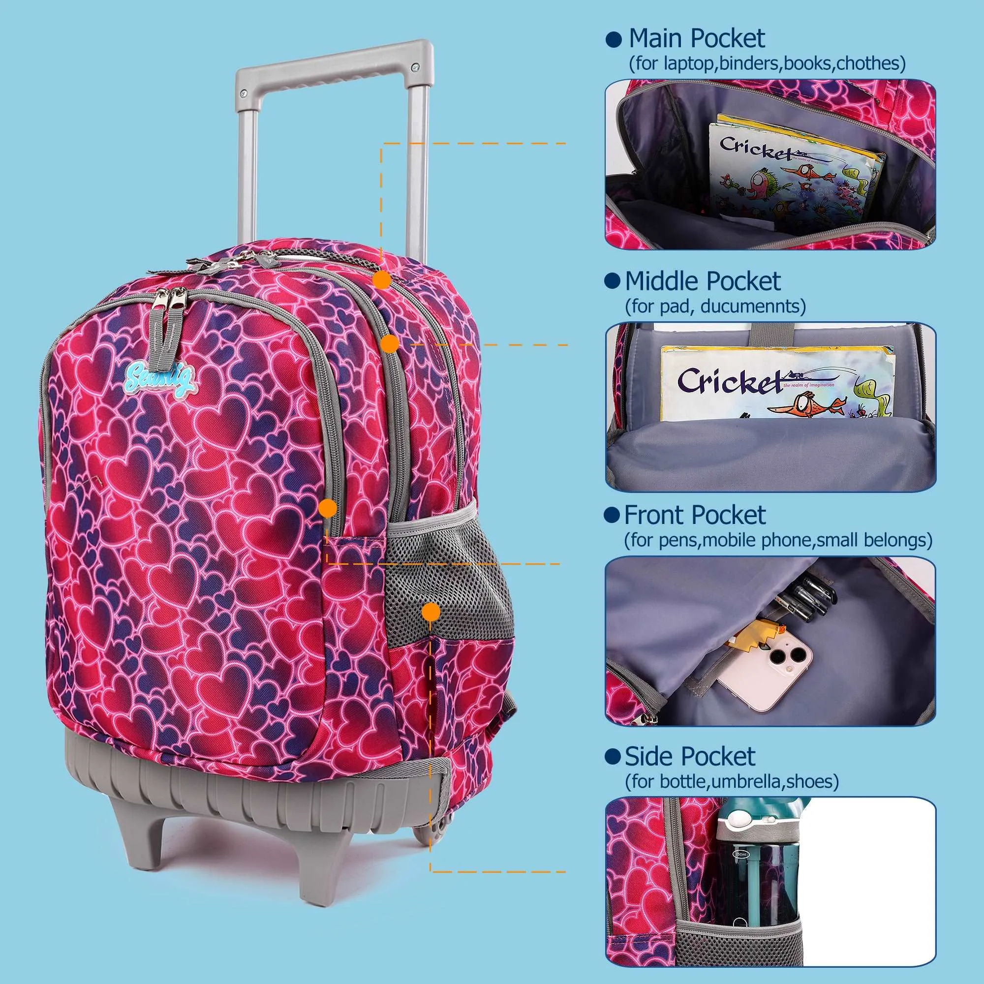 seastig Red Hearts Rolling Backpack 18 inch Kids Backpack with Wheels