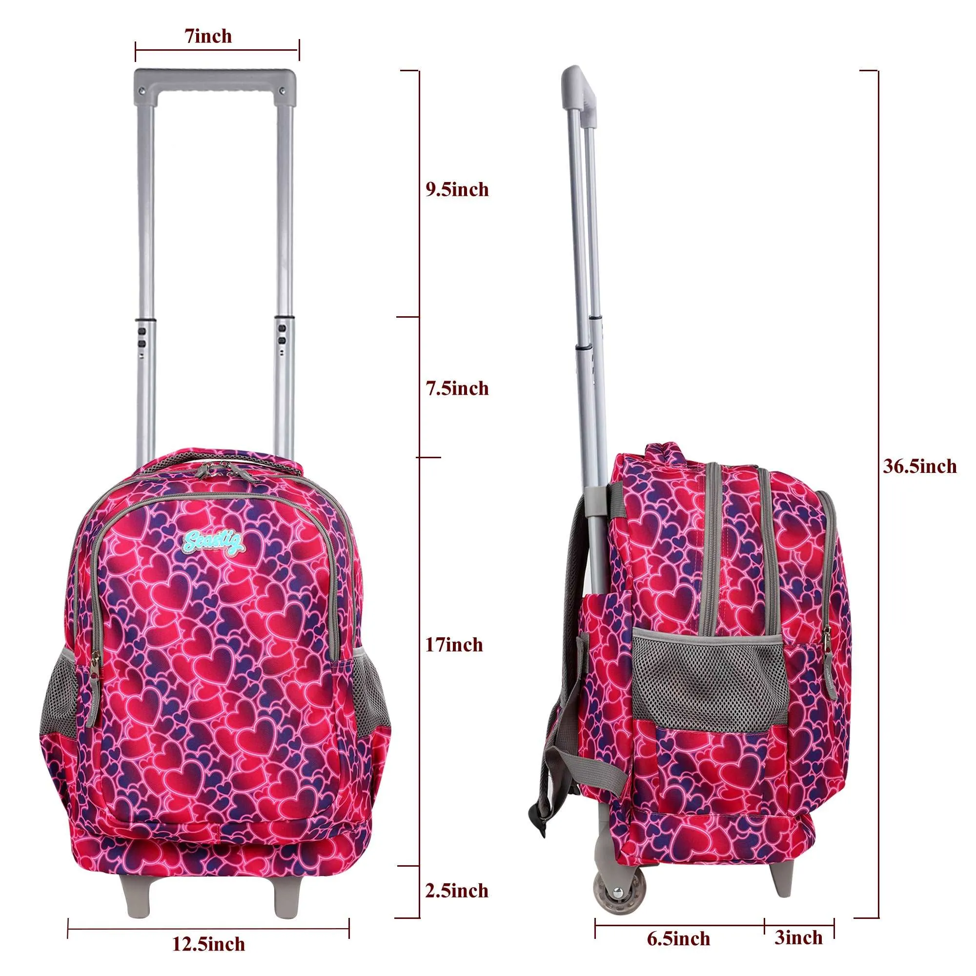 seastig Red Hearts Rolling Backpack 18 inch Kids Backpack with Wheels