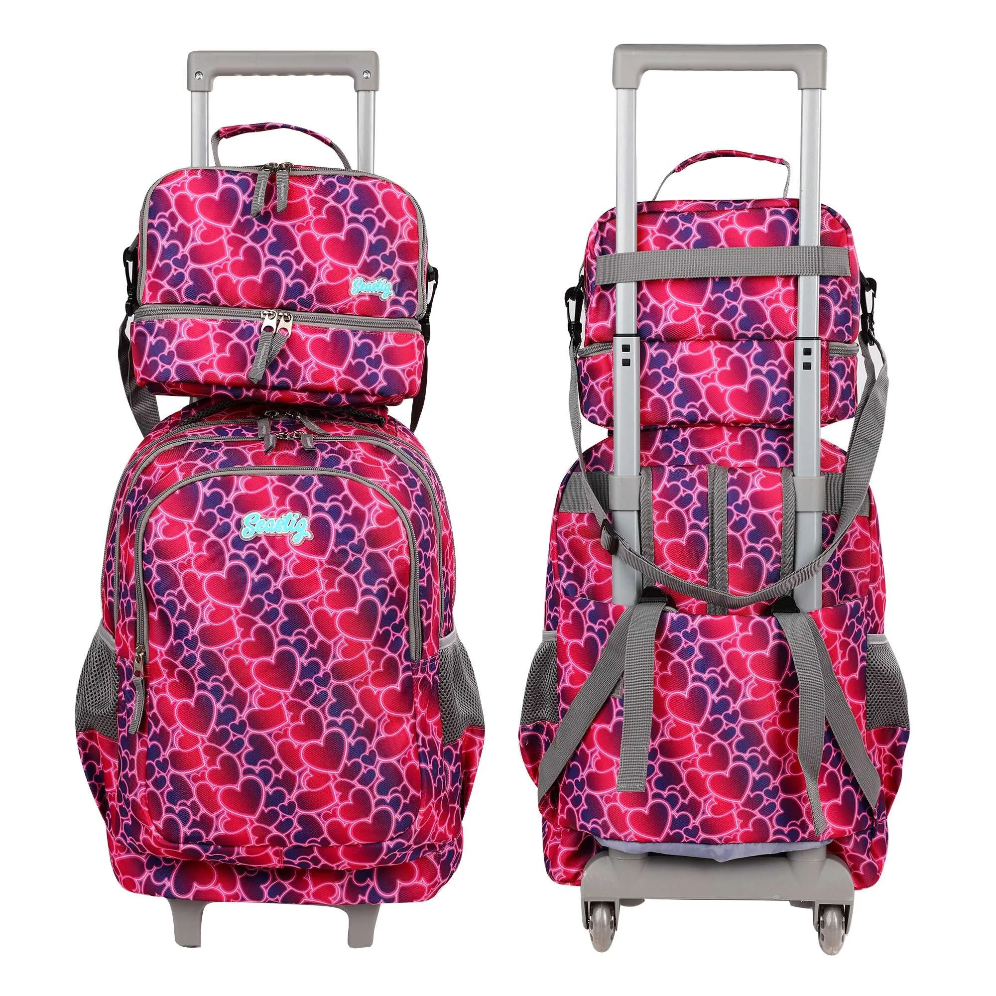 seastig Red Hearts Rolling Backpack 18 inch Kids Backpack with Wheels