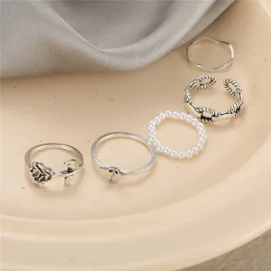 Silver 5 Piece Butterfly Flower Pearl Chain Ring Set