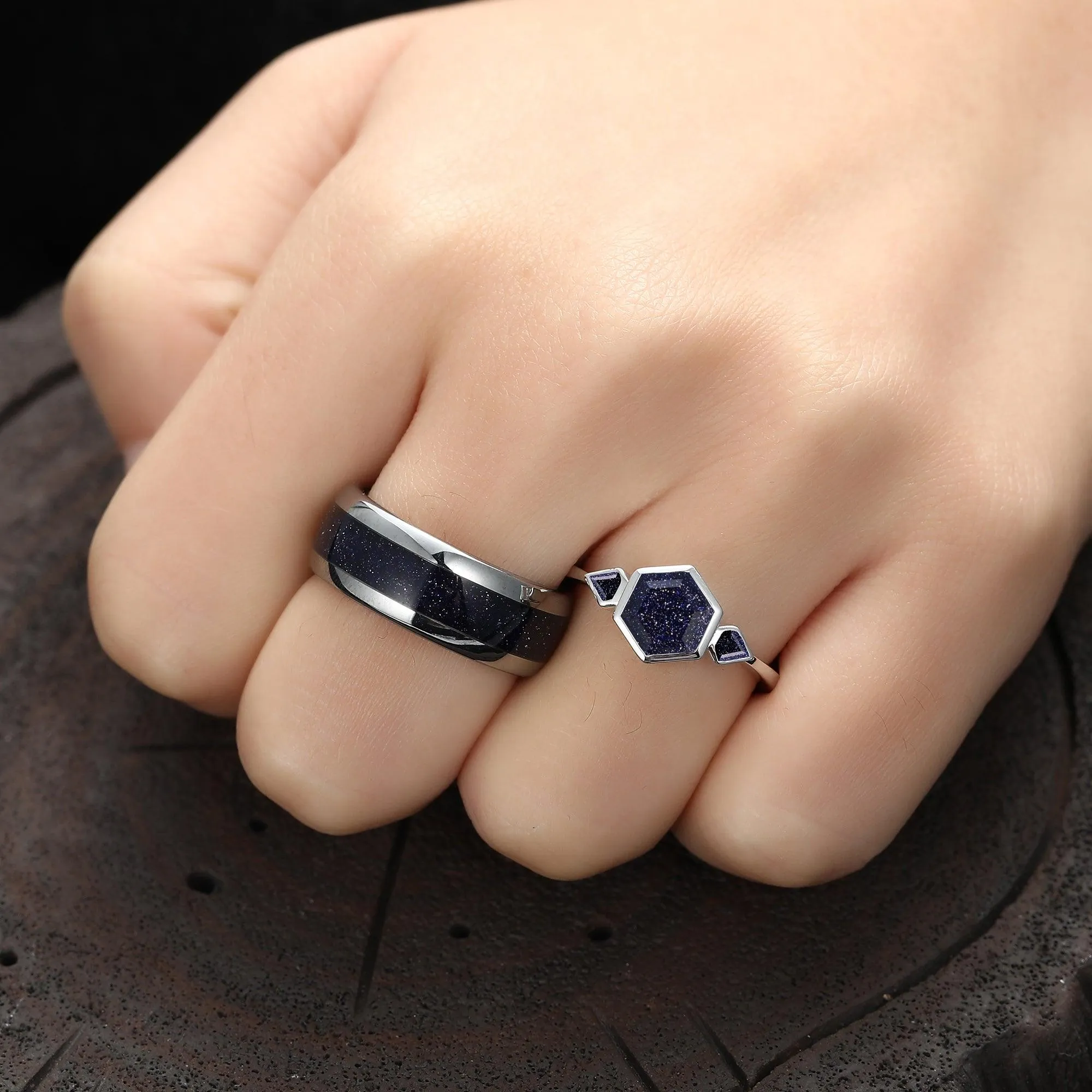 Skye Blue Sandstone Couples Ring Set  His and Hers Great Rift Nebula Sterling Silver Wedding Band