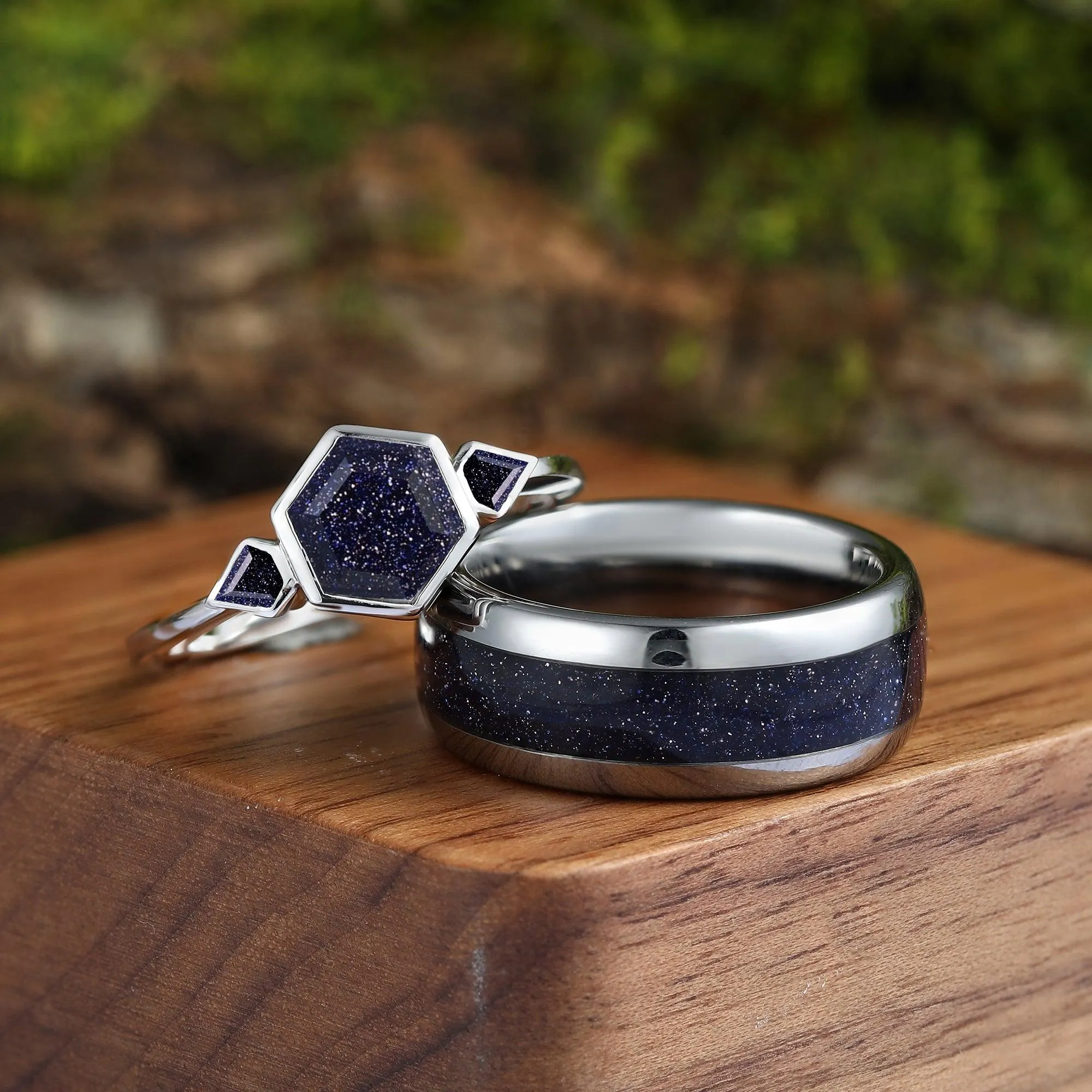Skye Blue Sandstone Couples Ring Set  His and Hers Great Rift Nebula Sterling Silver Wedding Band
