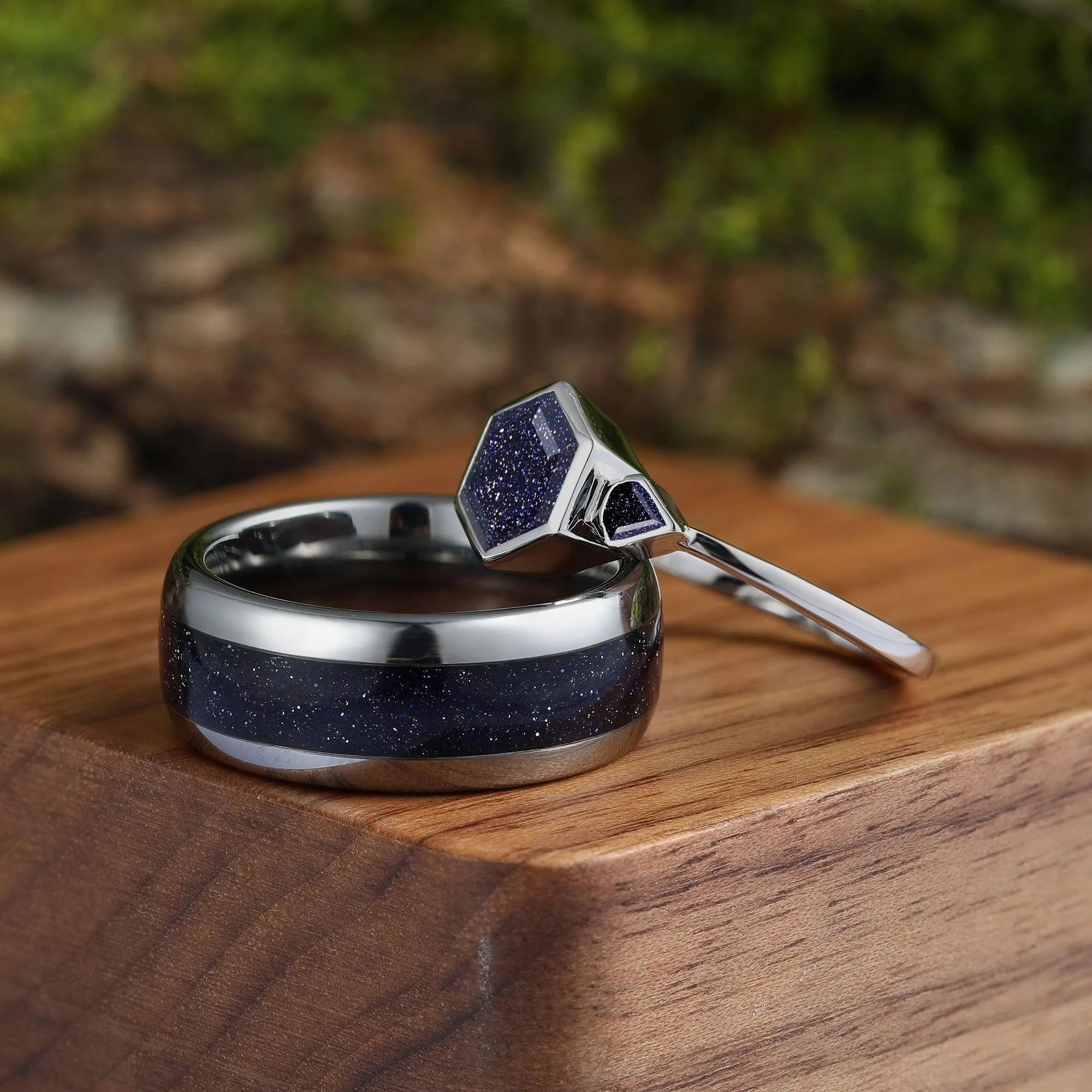 Skye Blue Sandstone Couples Ring Set  His and Hers Great Rift Nebula Sterling Silver Wedding Band