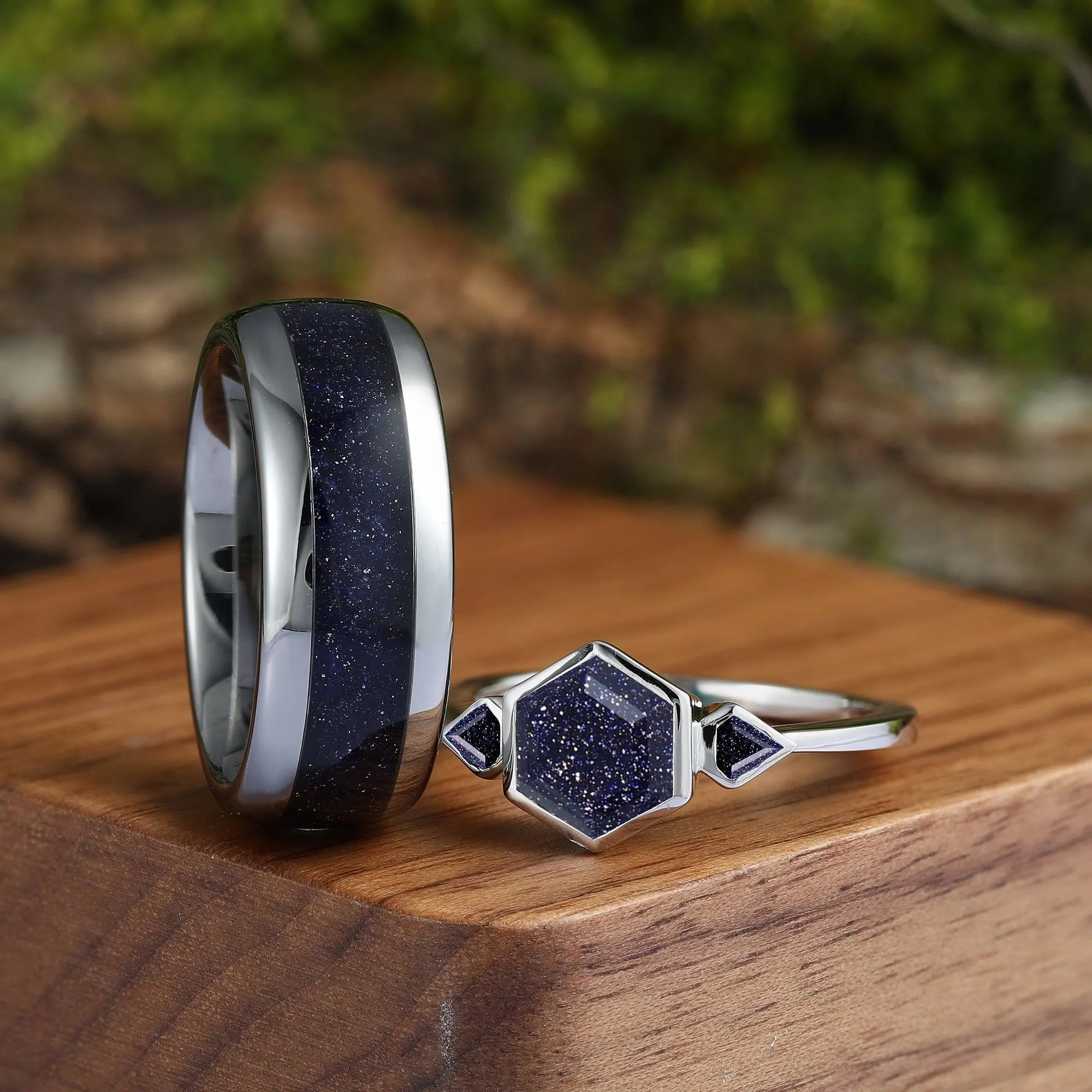 Skye Blue Sandstone Couples Ring Set  His and Hers Great Rift Nebula Sterling Silver Wedding Band