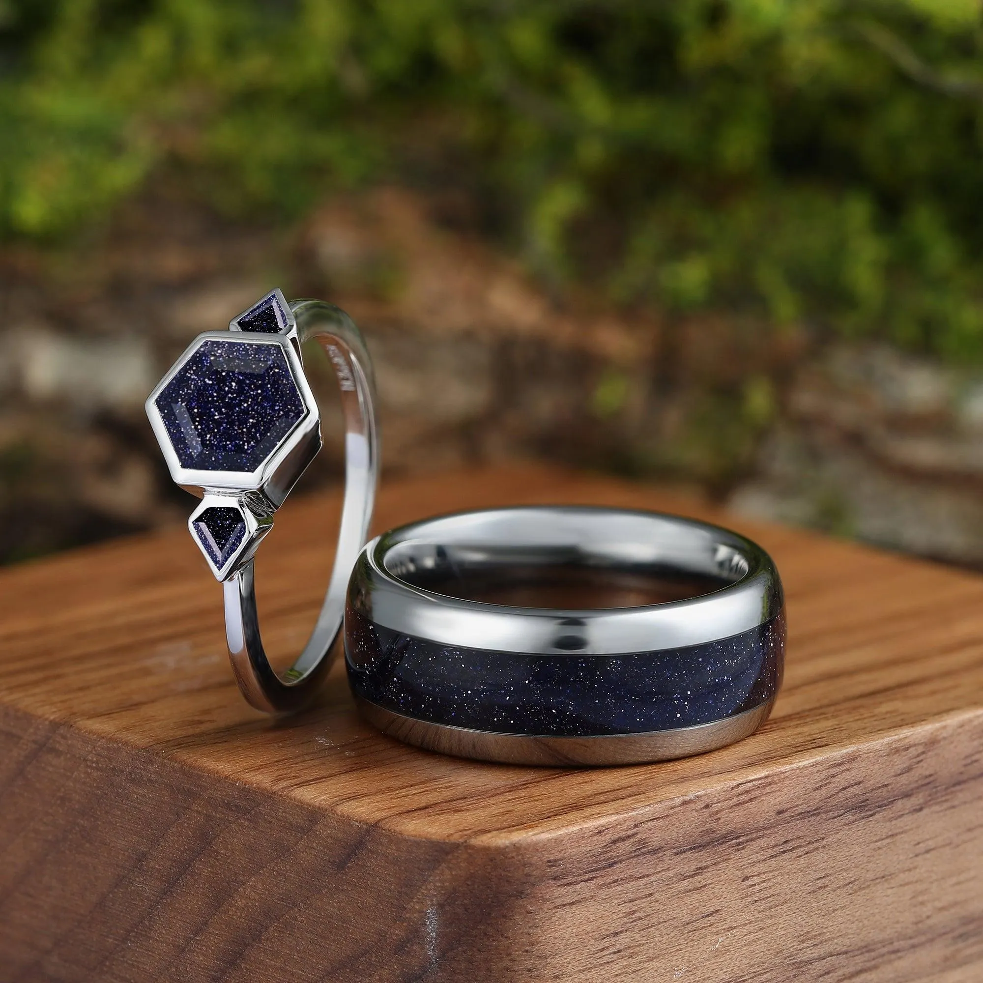 Skye Blue Sandstone Couples Ring Set  His and Hers Great Rift Nebula Sterling Silver Wedding Band