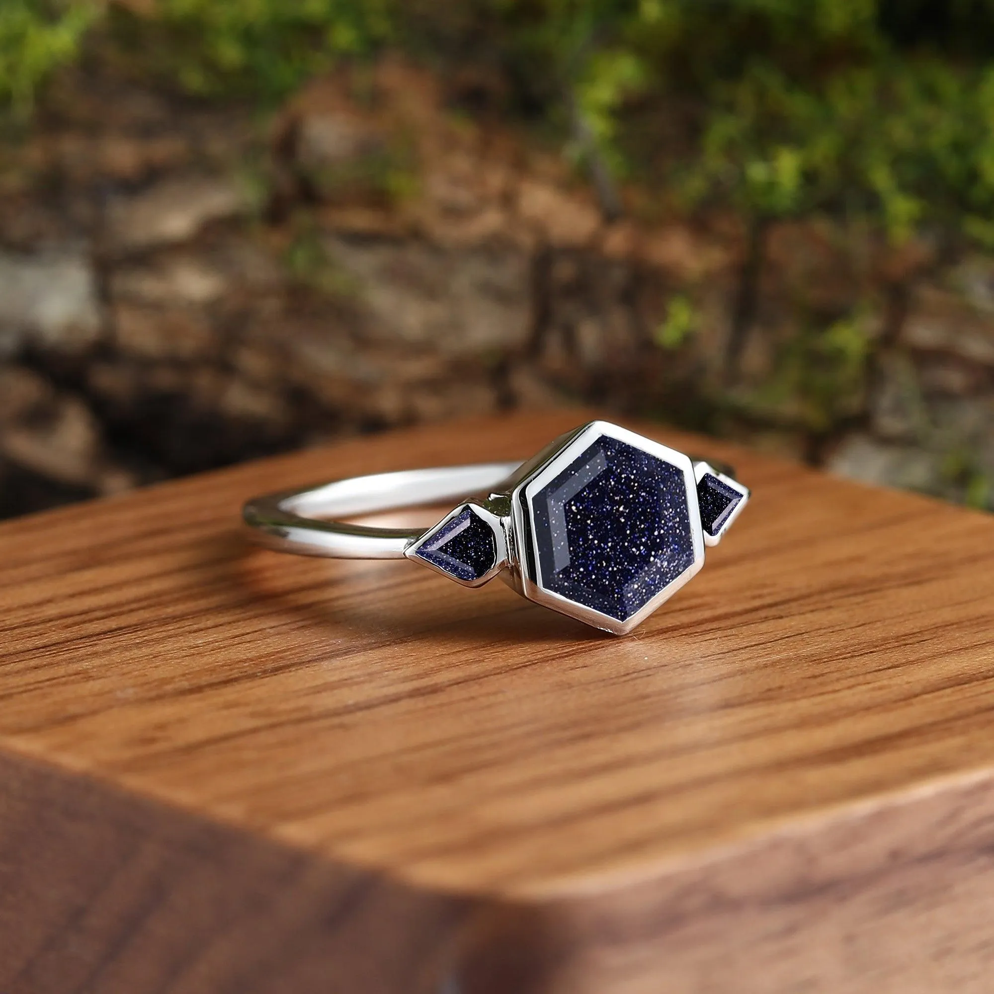 Skye Blue Sandstone Couples Ring Set  His and Hers Great Rift Nebula Sterling Silver Wedding Band