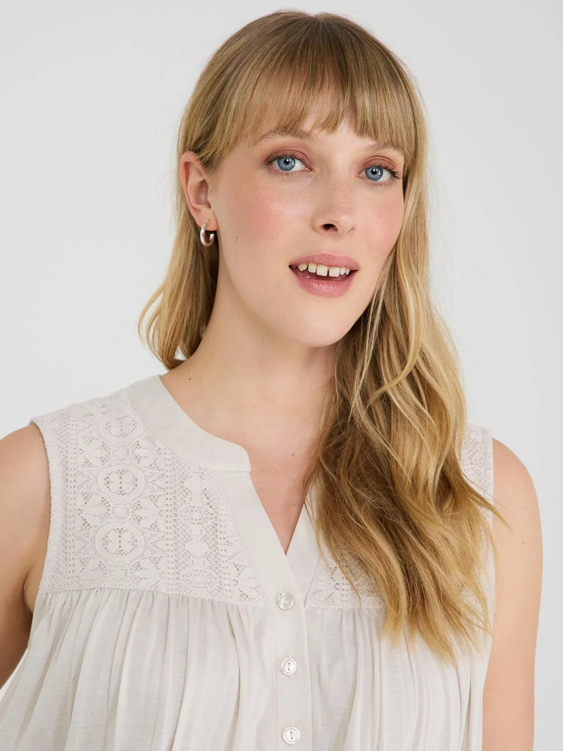 Sleeveless Henley Top With Lace Details