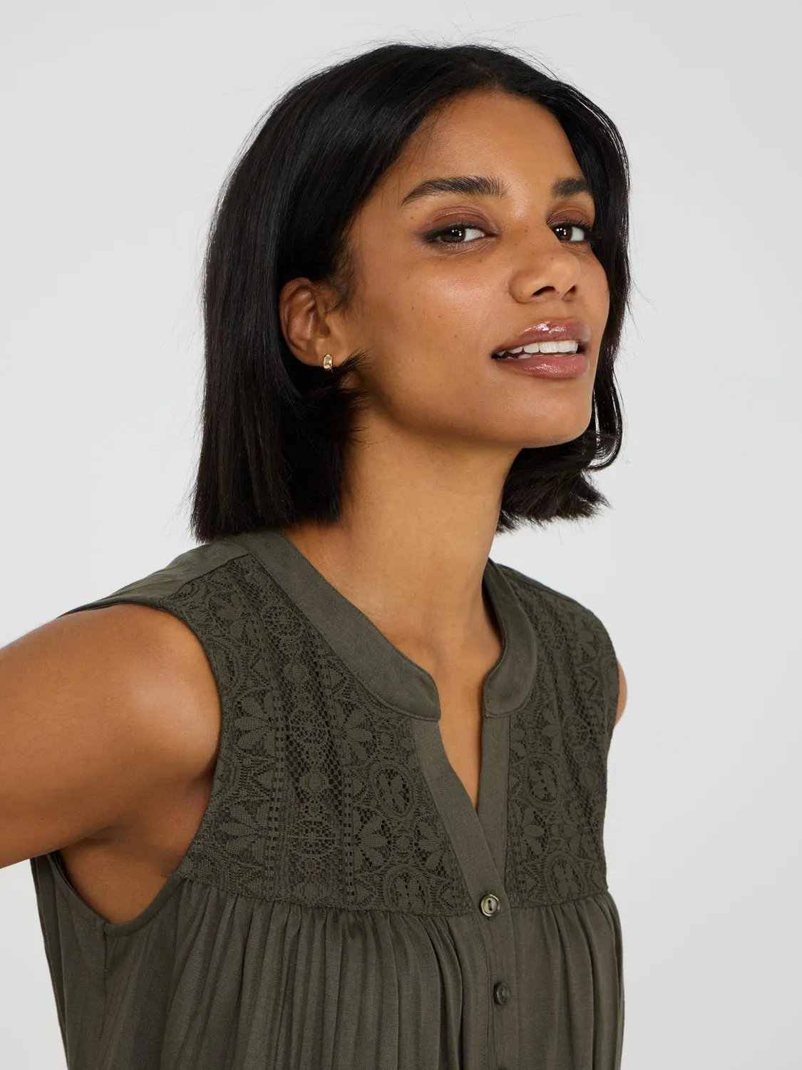 Sleeveless Henley Top With Lace Details