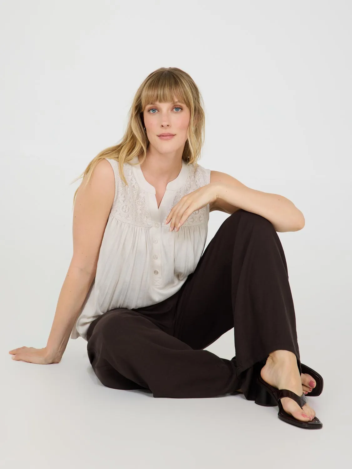 Sleeveless Henley Top With Lace Details